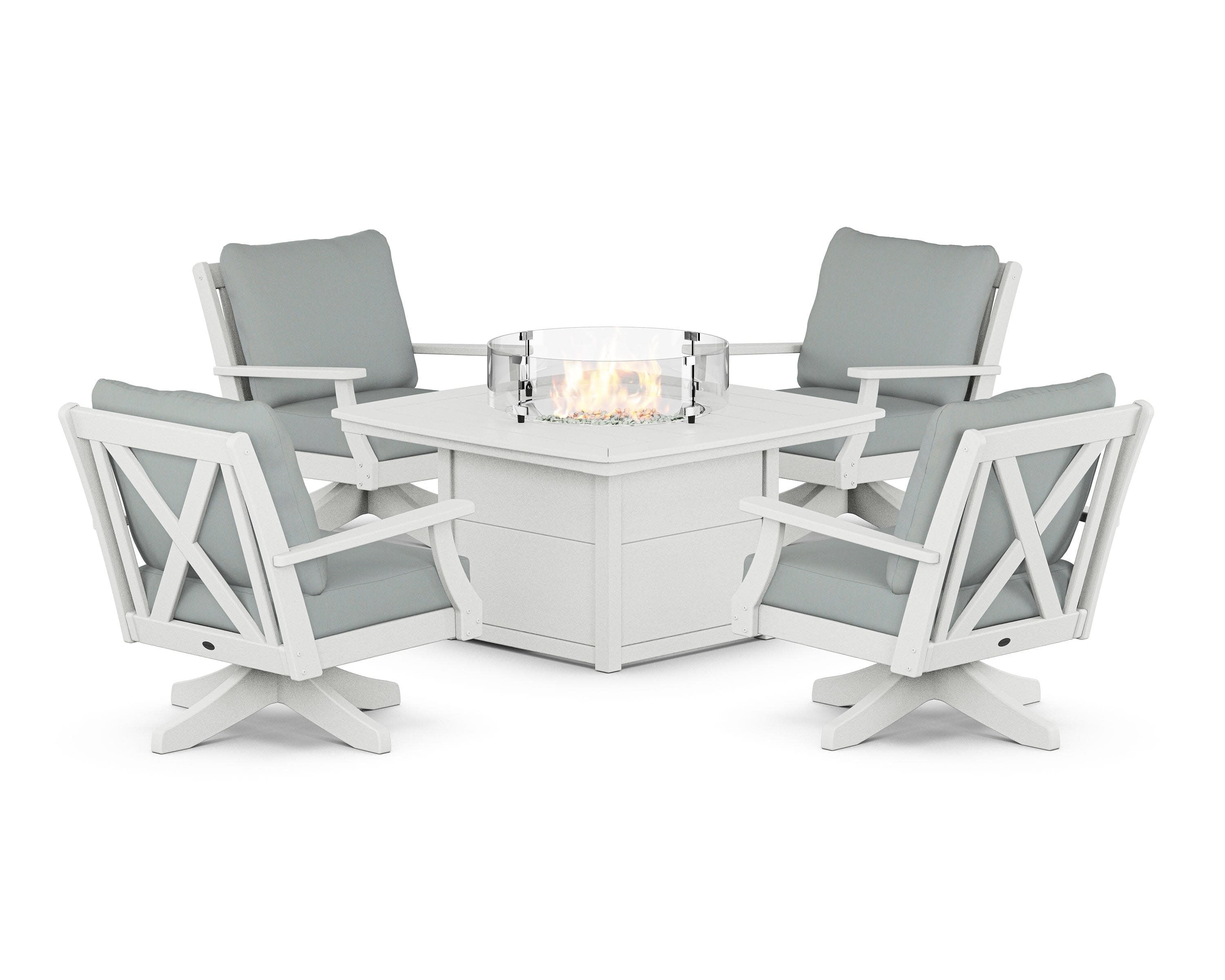 Braxton 5-Piece Deep Seating Swivel Conversation Set with Fire Pit Table in Vintage White / Spa