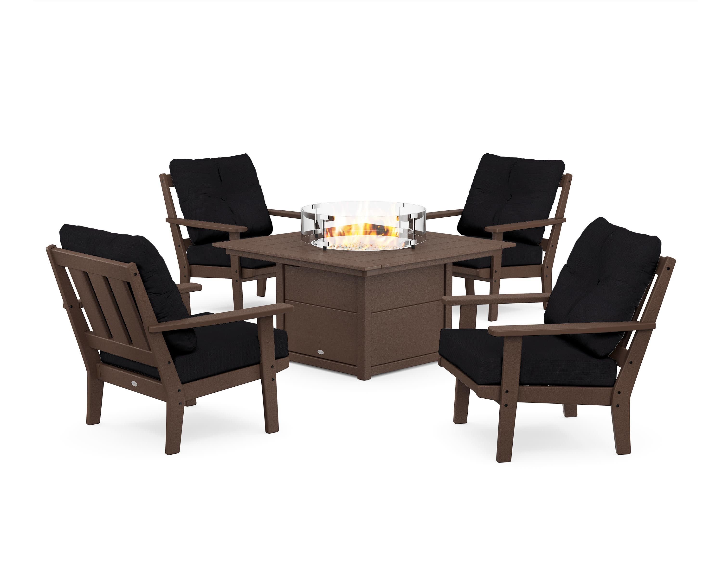 Oxford 5-Piece Deep Seating Set with Fire Pit Table in Mahogany / Midnight Linen