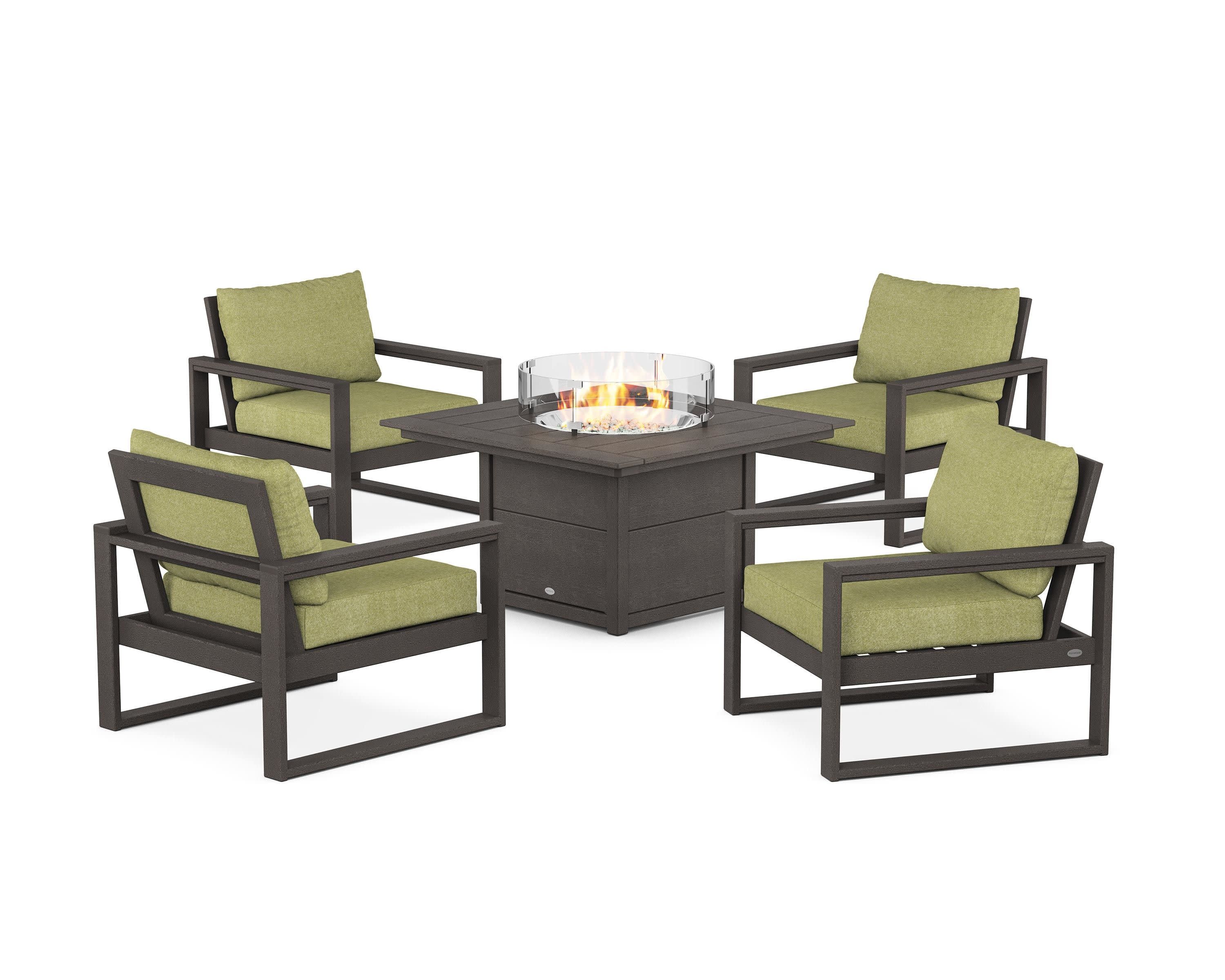 EDGE Sectional 5-Piece Deep Seating Set with Fire Pit Table in Vintage Coffee / Chartreuse Boucle