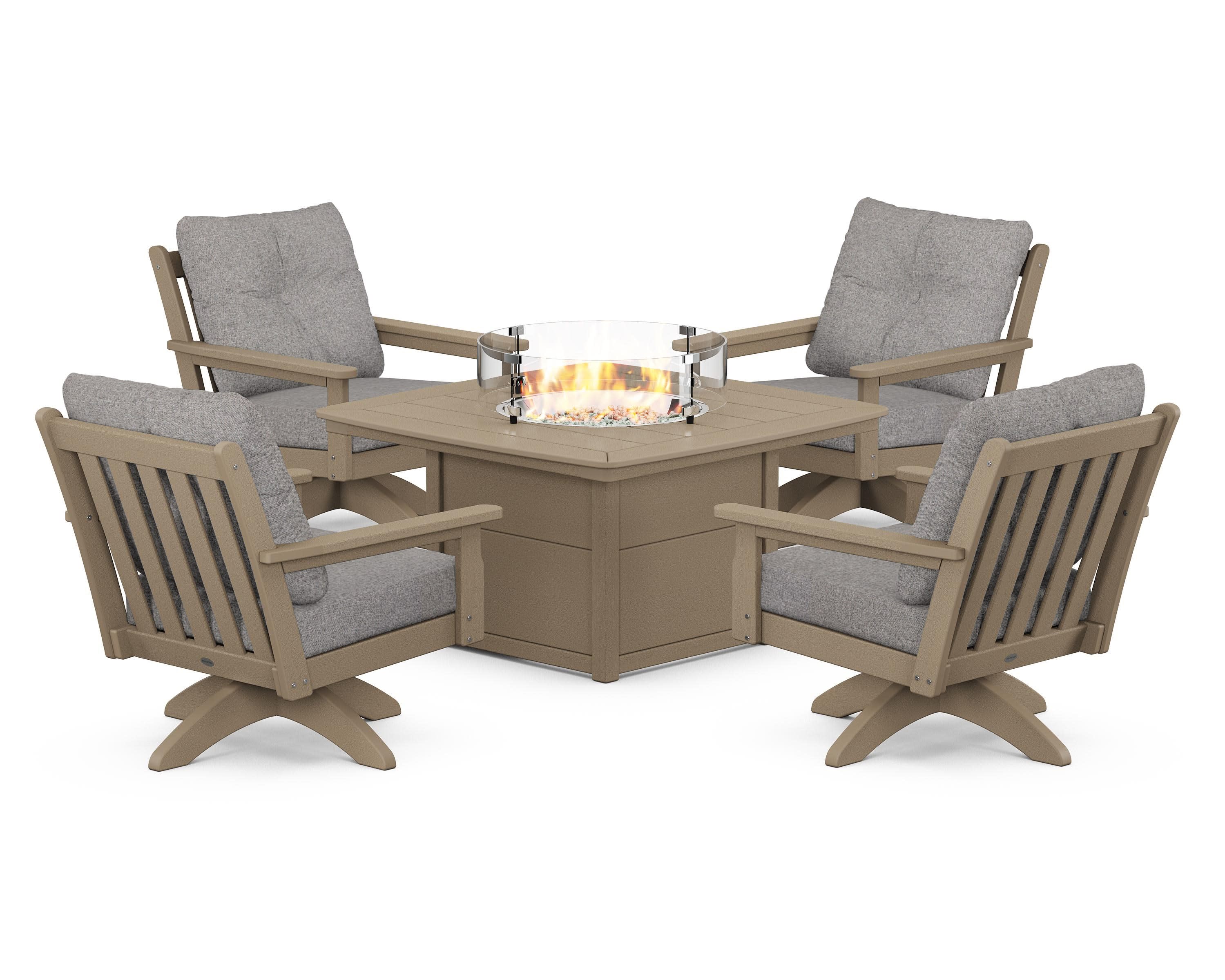 Vineyard 5-Piece Deep Seating Swivel Conversation Set with Fire Pit Table in Vintage Sahara / Grey Mist