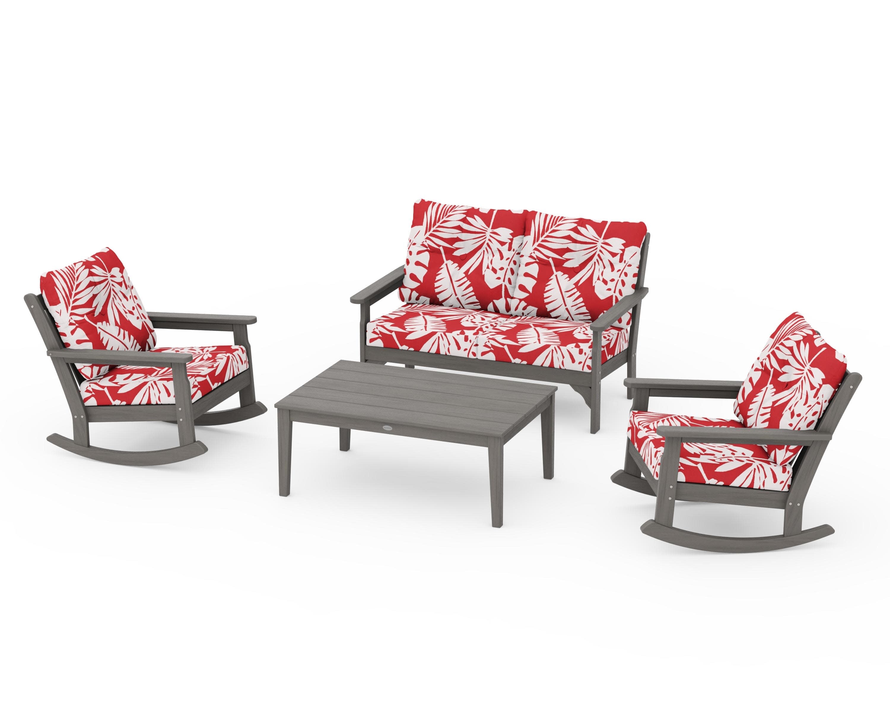 Vineyard 4-Piece Deep Seating Rocking Chair Set in Driftwood / Leaf Crimson