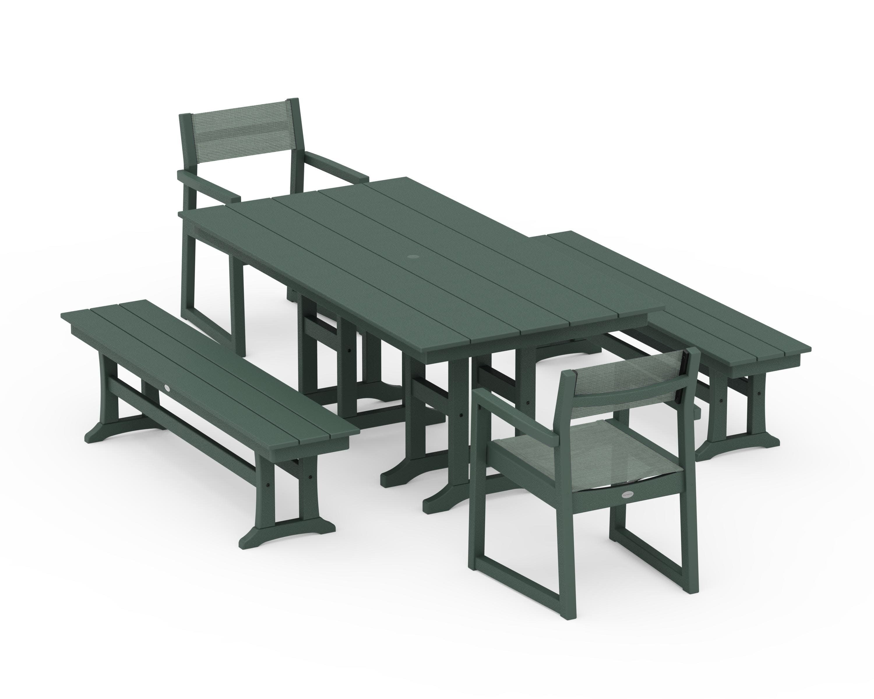 EDGE Sling Arm Chair 5-Piece Farmhouse Dining Set with Benches in Green / Dupioni Sea Mist Sling