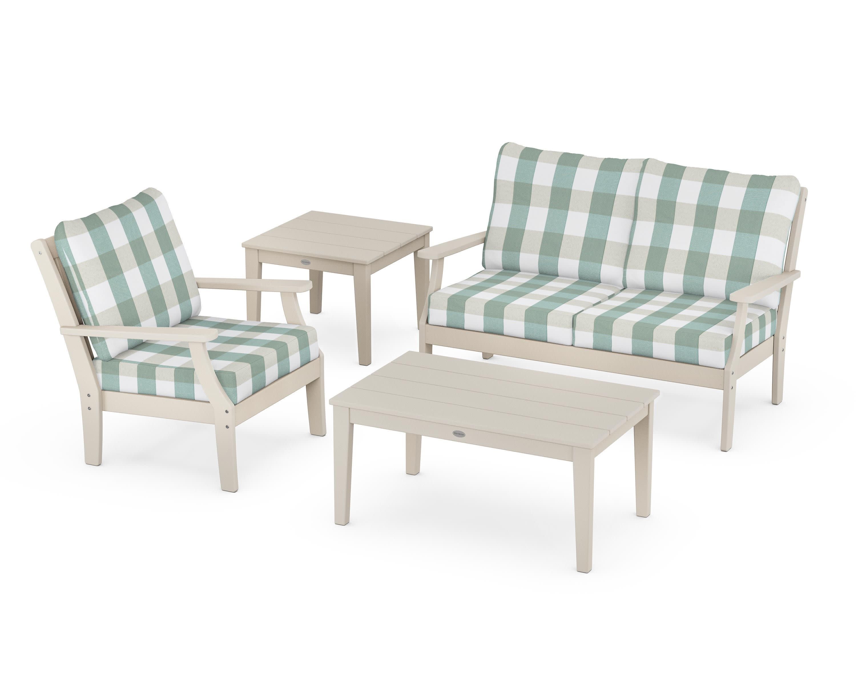 Braxton 4-Piece Deep Seating Set in Sand / Buffalo Plaid Glacier Spa