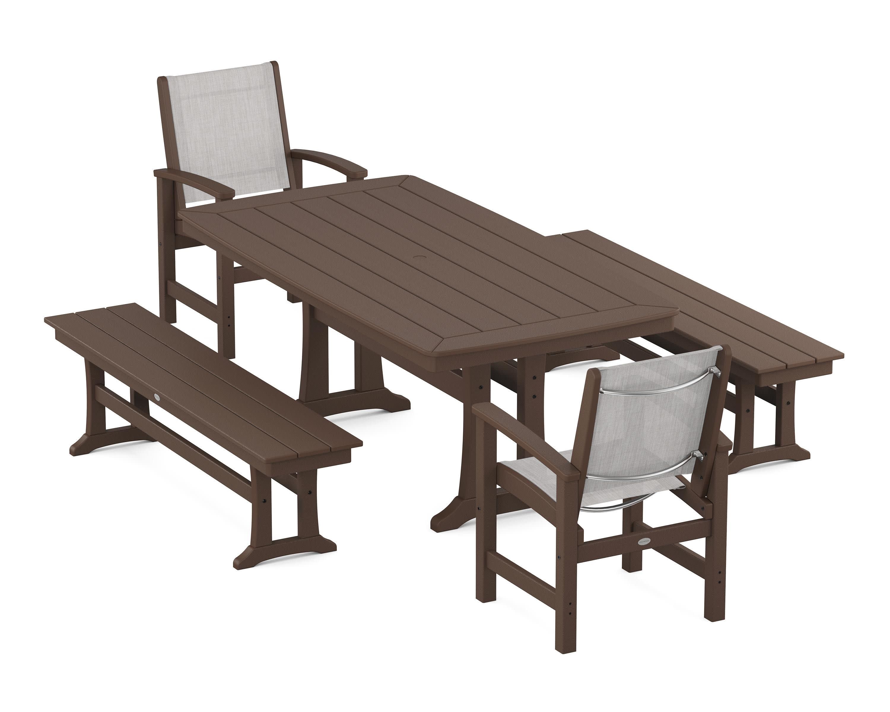 Coastal 5-Piece Dining Set with Trestle Legs and Benches in Mahogany / Parchment Sling