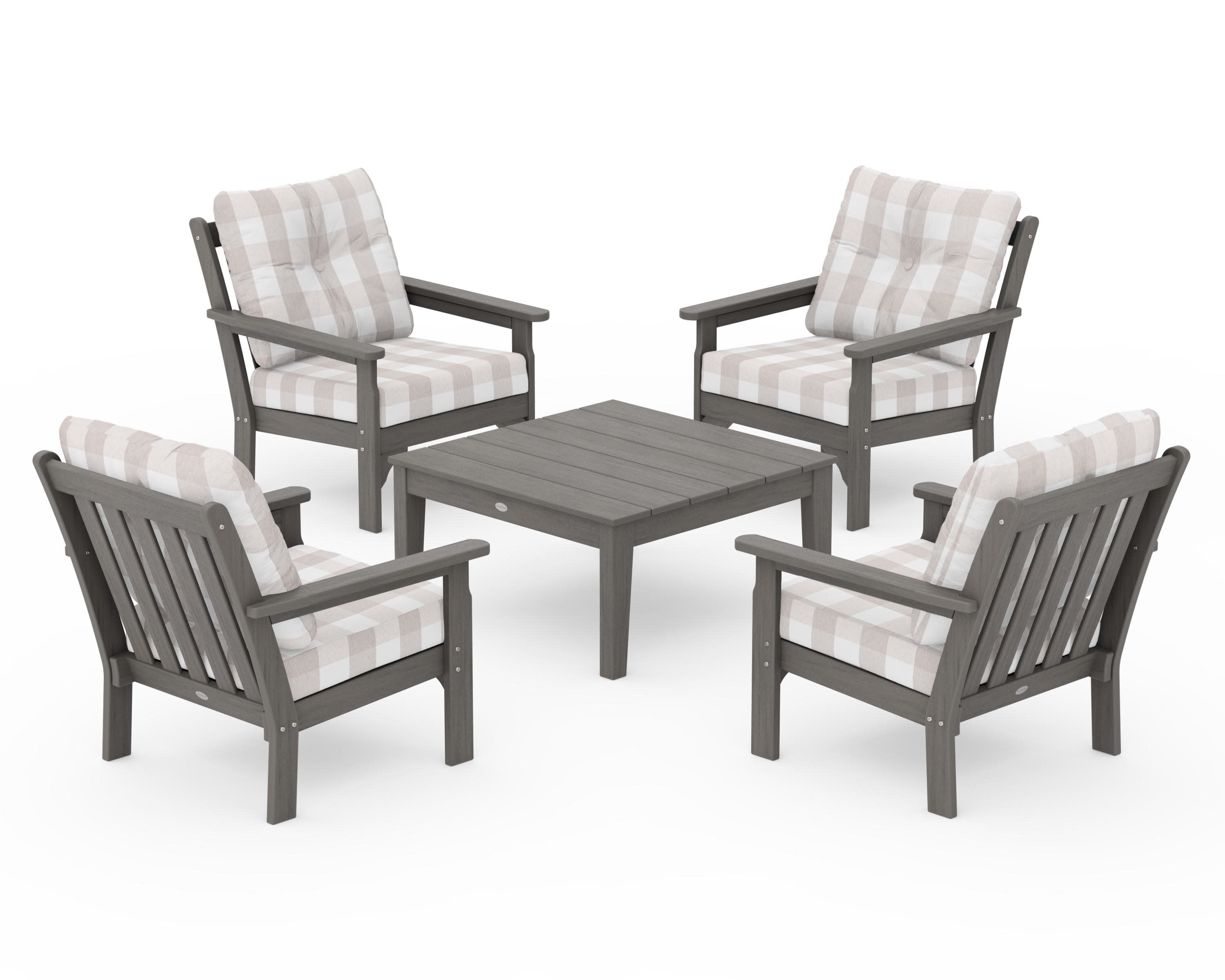 Vineyard 5-Piece Deep Seating Conversation Set in Driftwood / Buffalo Plaid Dune Burlap