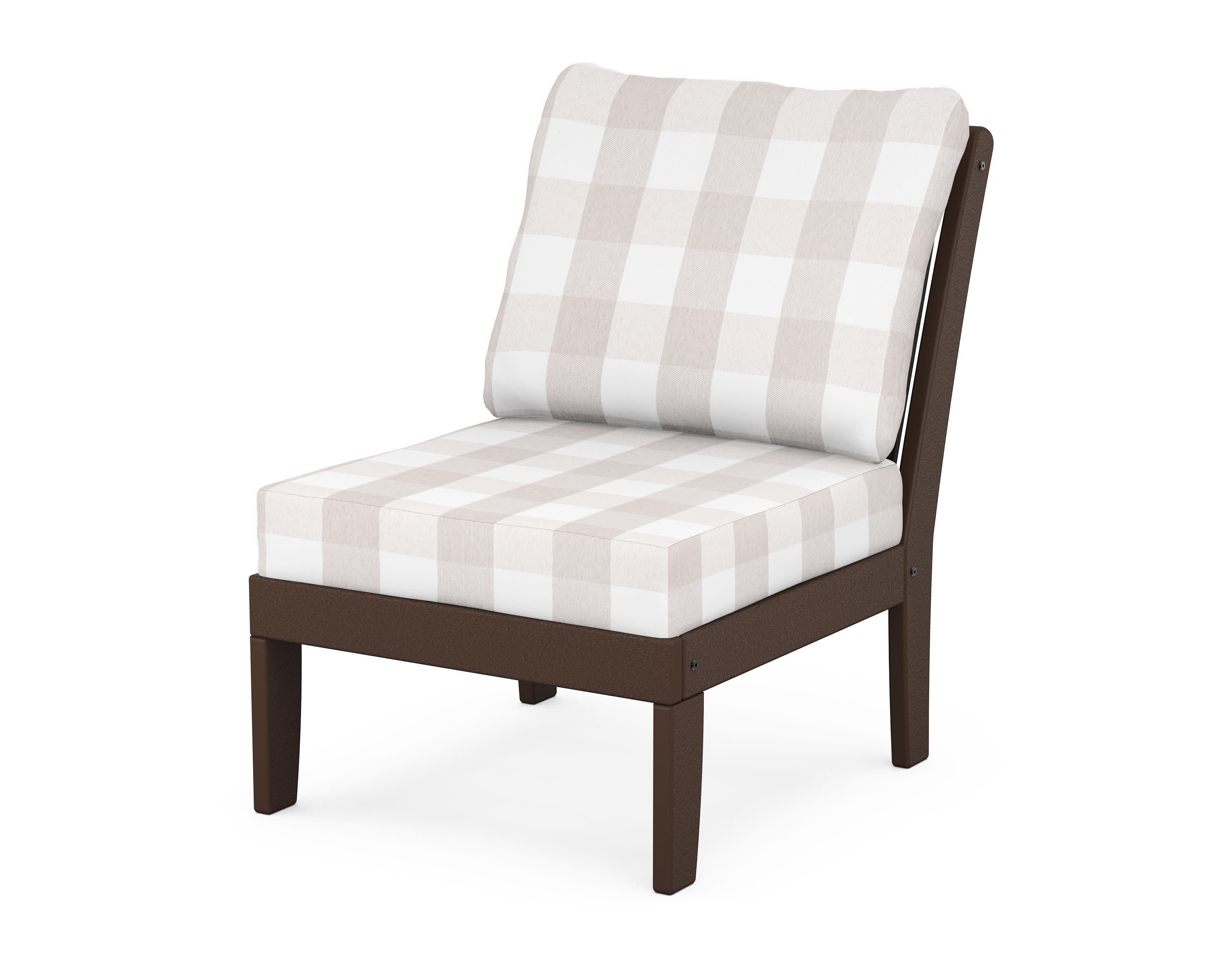 Braxton Modular Armless Chair in Mahogany / Buffalo Plaid Dune Burlap