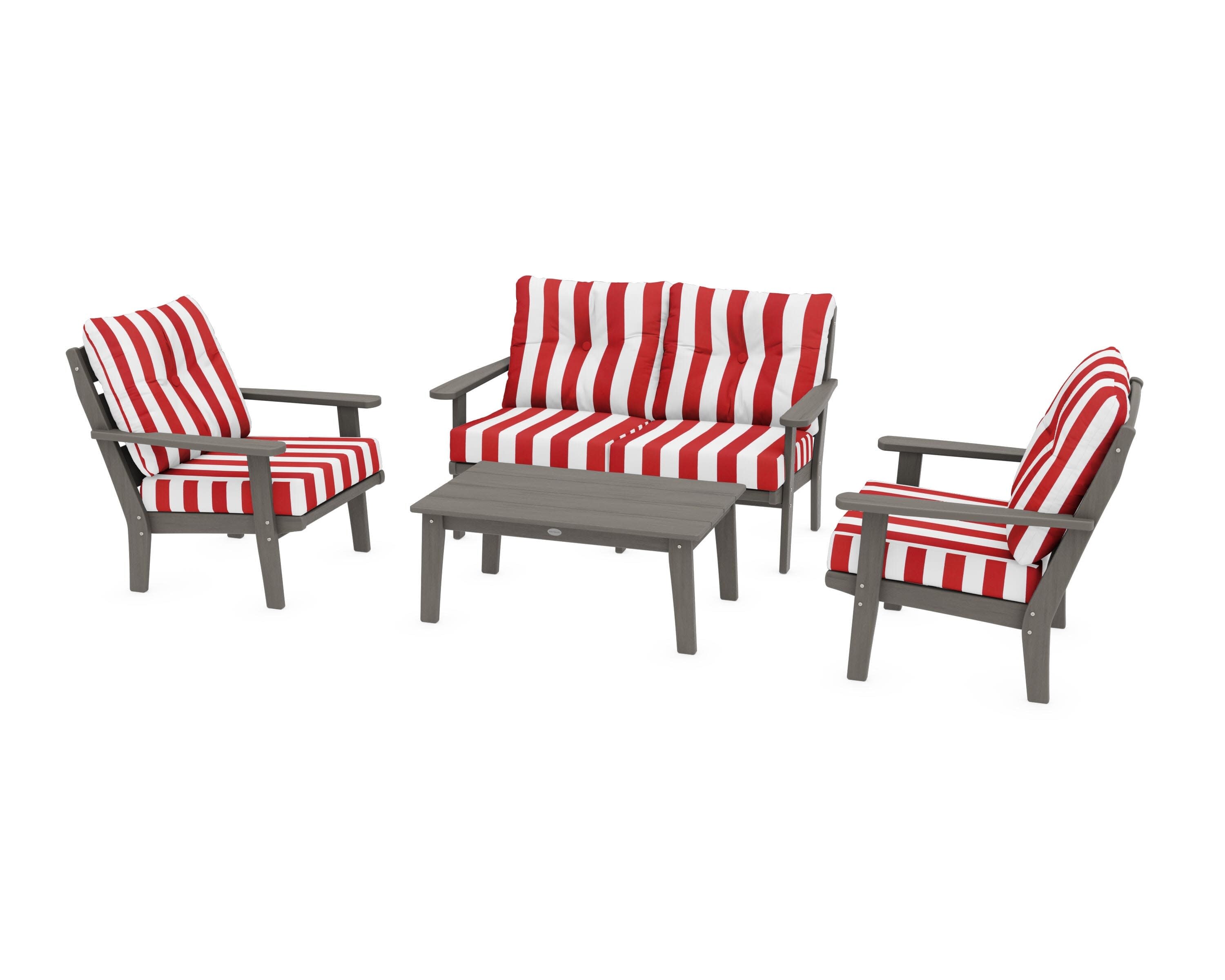 Lakeside 4-Piece Deep Seating Set in Driftwood / Cabana Stripe Crimson