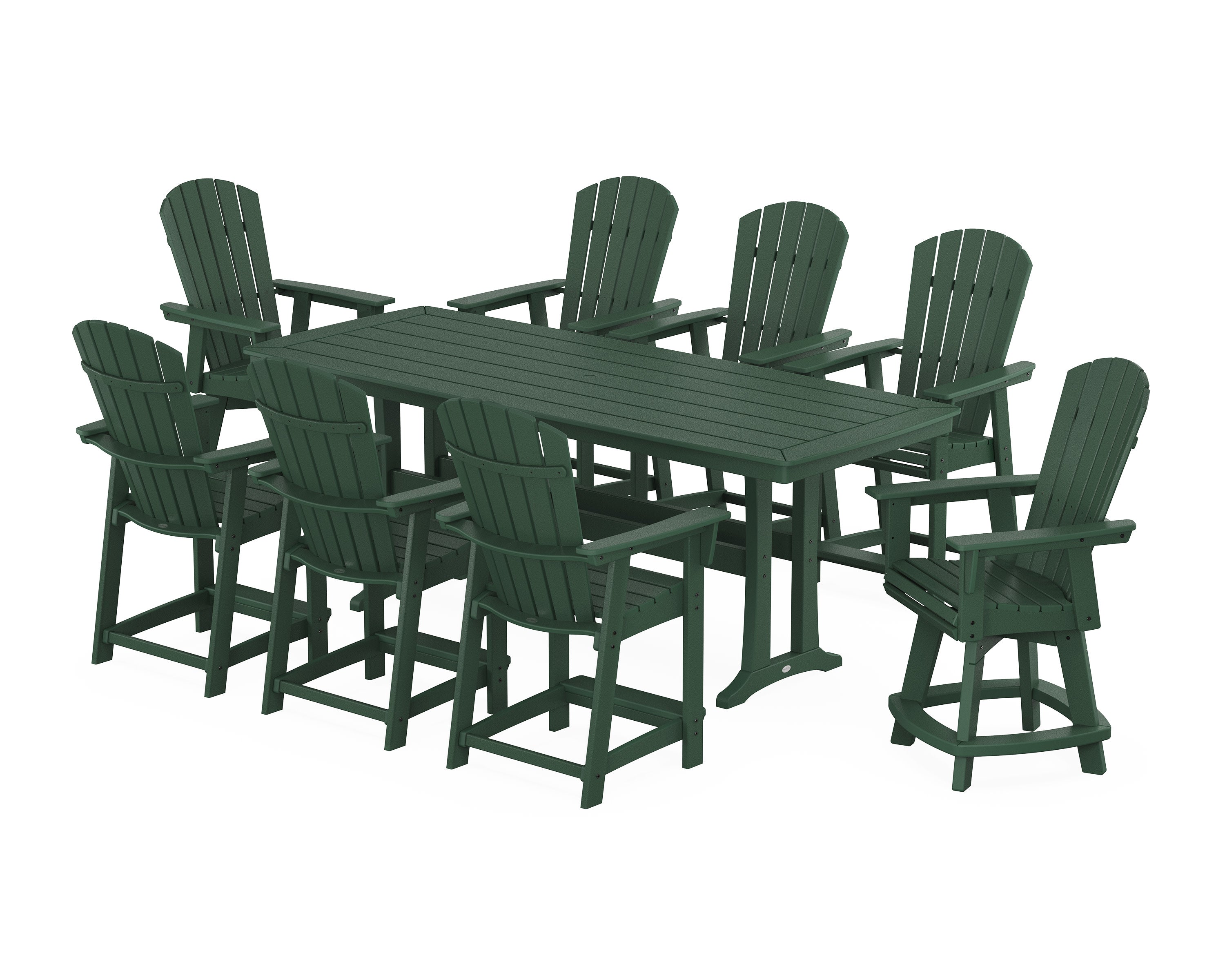 Nautical Curveback Adirondack Swivel 9-Piece Counter Set with Trestle Legs in Green