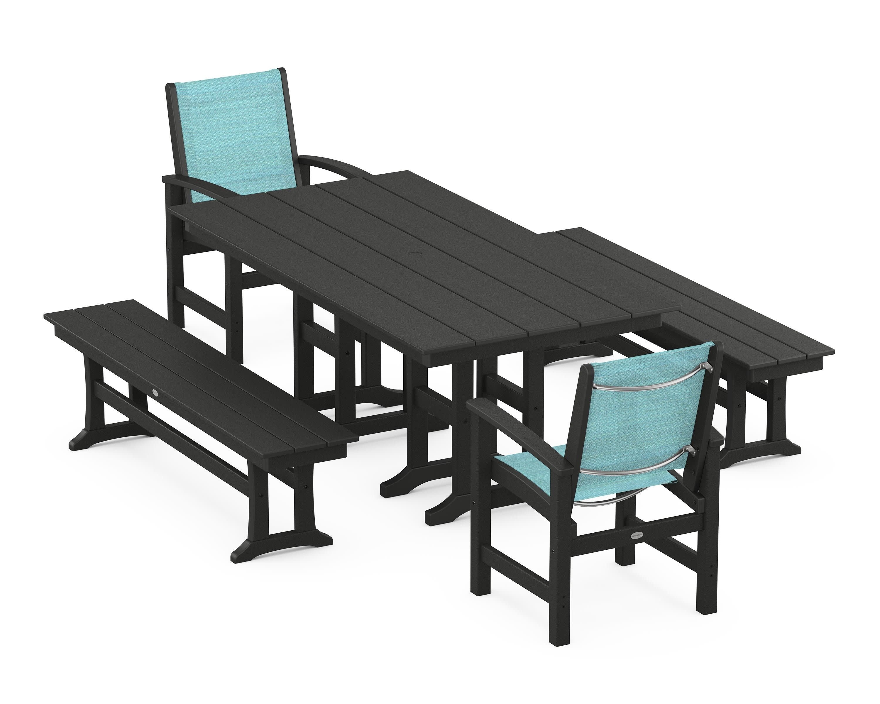 Coastal 5-Piece Farmhouse Dining Set in Black / Dupioni Aquamarine Sling