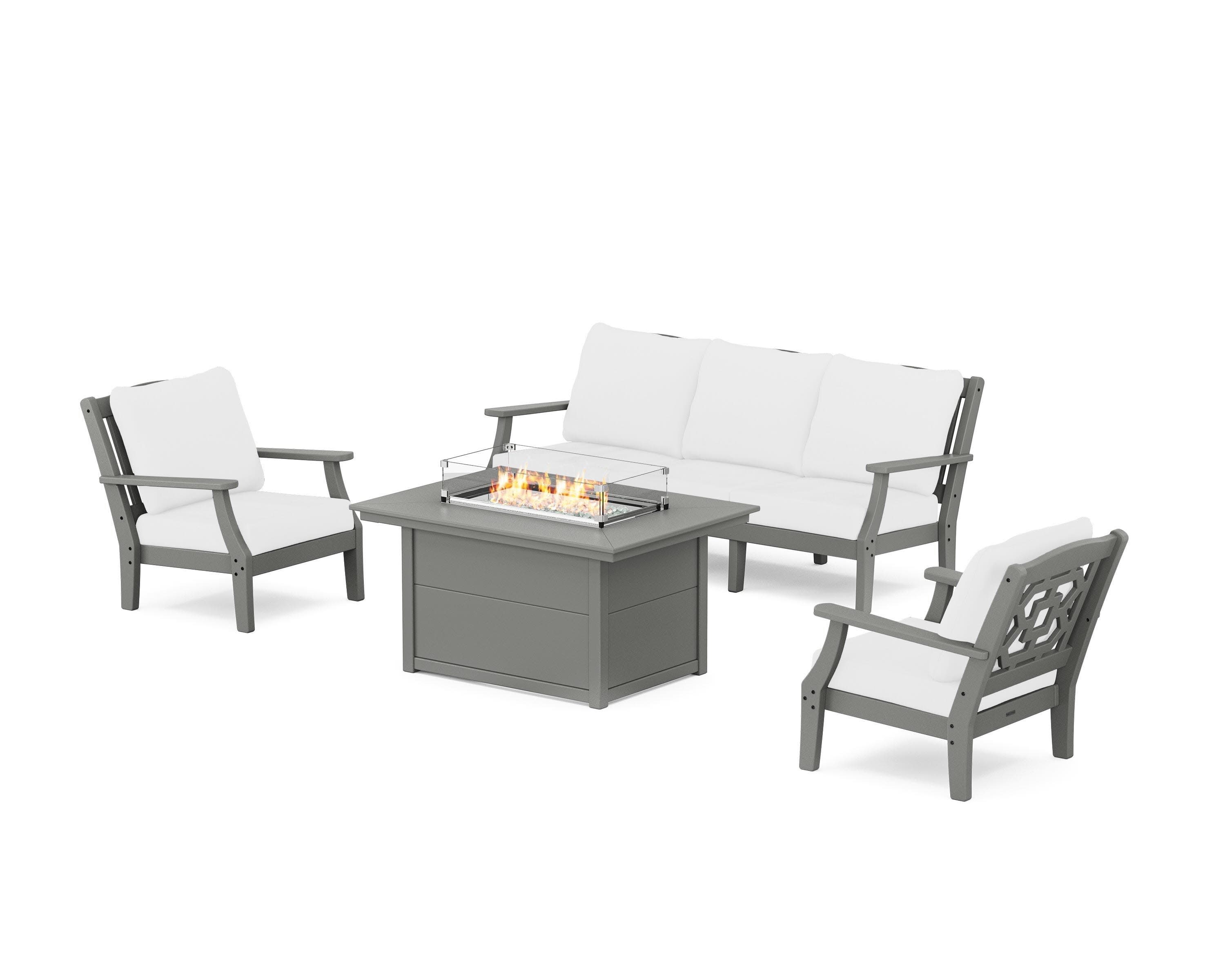 Chinoiserie Deep Seating Fire Pit Table Set in Slate Grey / Natural