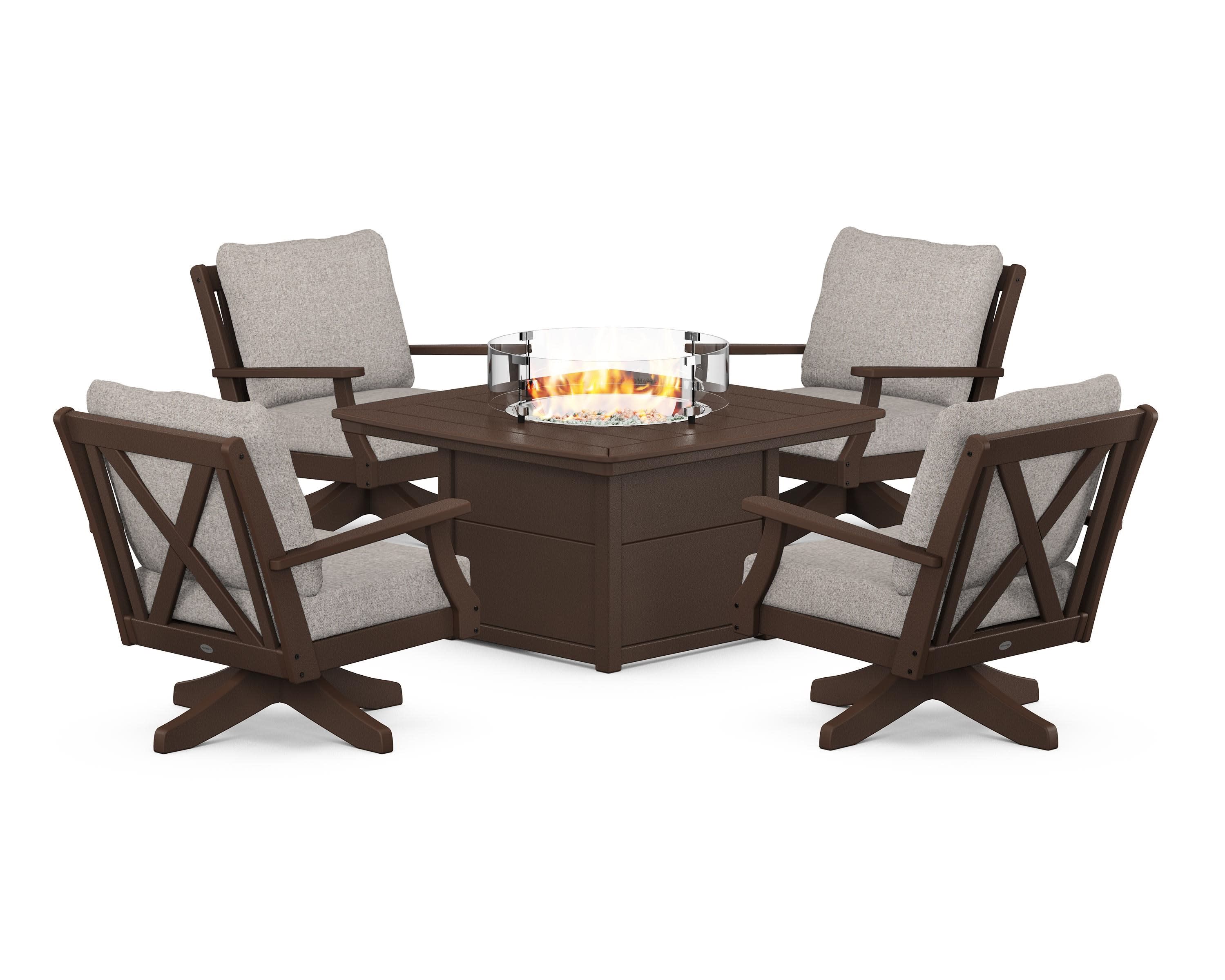Braxton 5-Piece Deep Seating Swivel Conversation Set with Fire Pit Table in Mahogany / Weathered Tweed