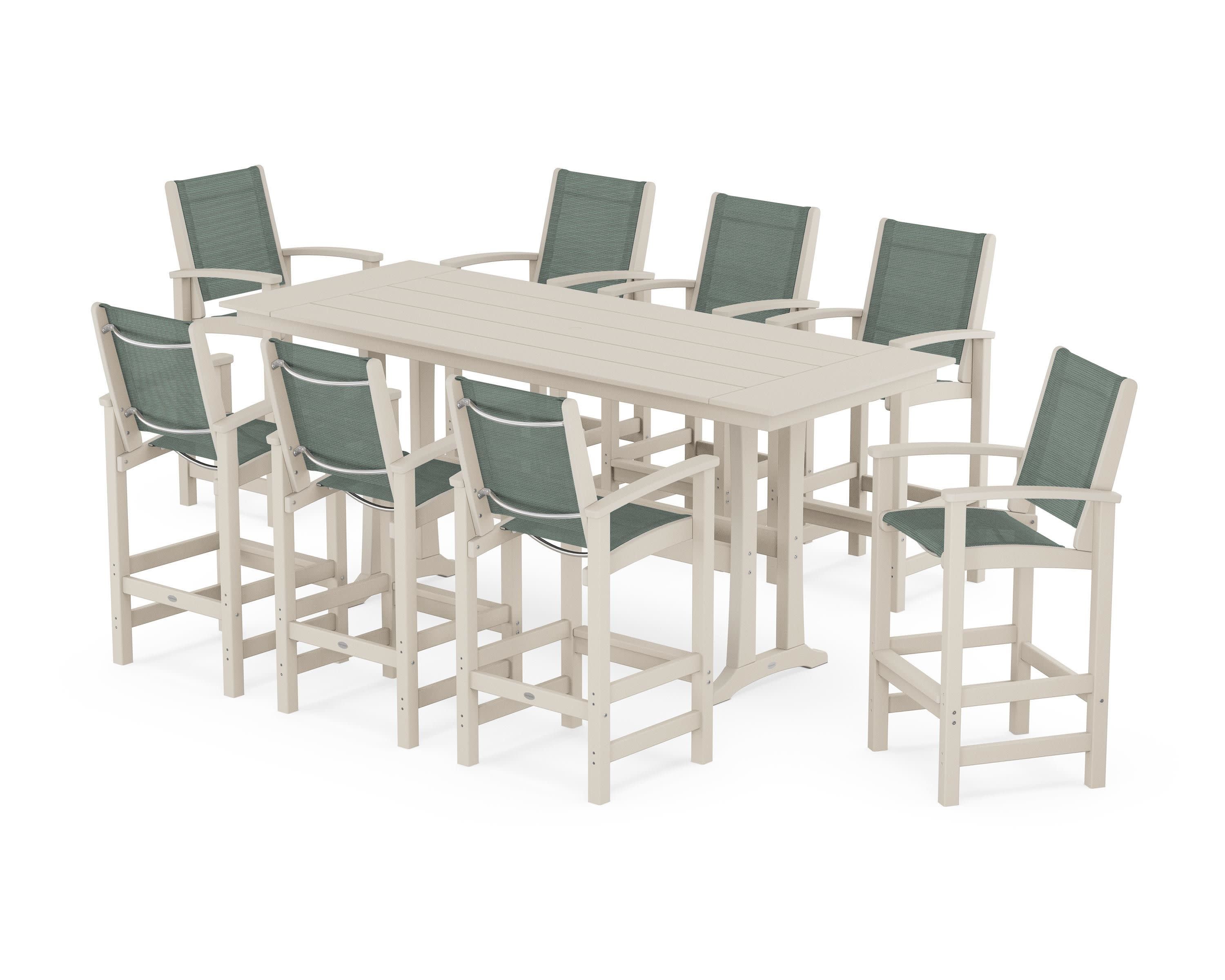 Coastal 9-Piece Farmhouse Bar Set with Trestle Legs in Sand / Dupioni Sea Mist Sling