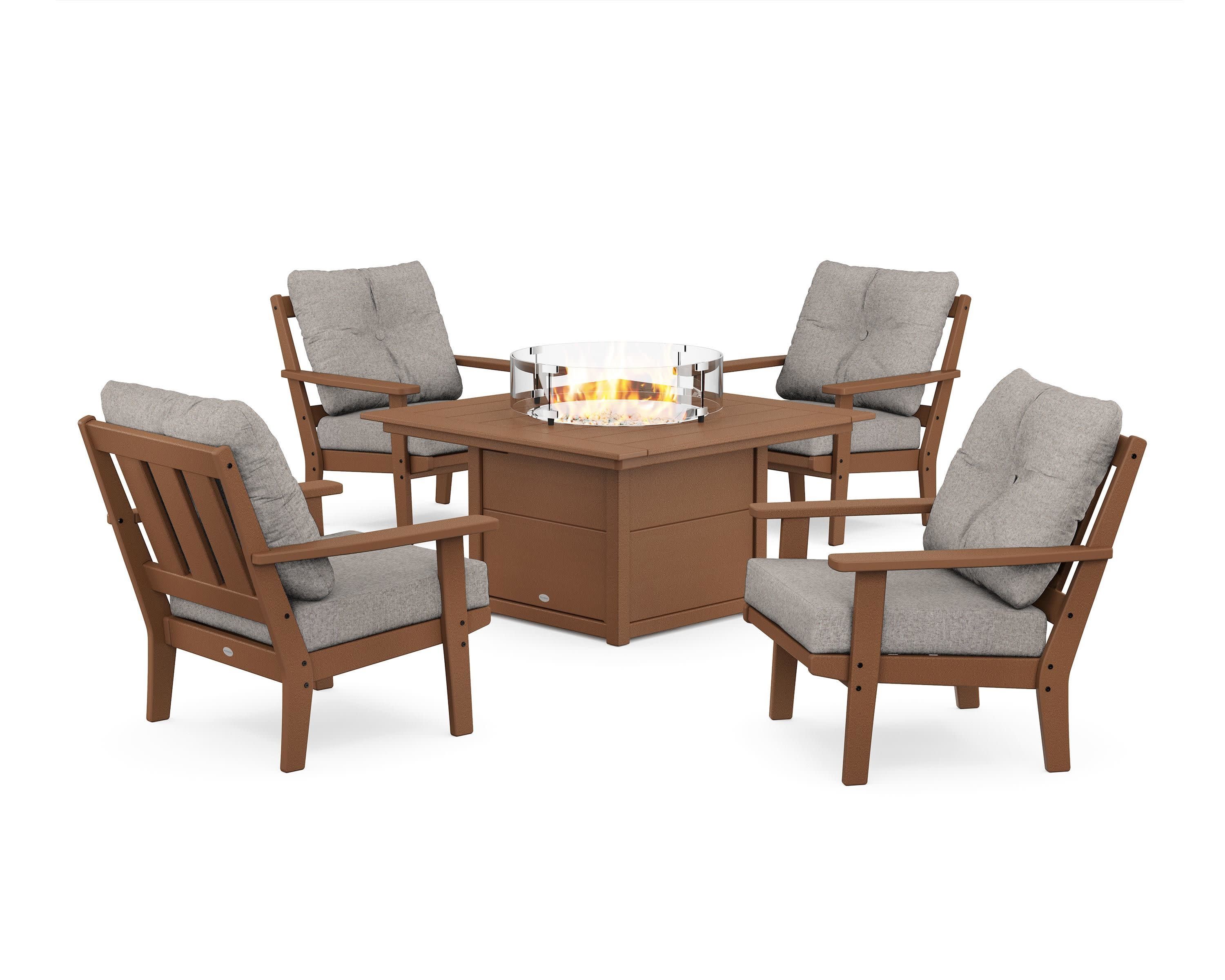 Oxford 5-Piece Deep Seating Set with Fire Pit Table in Teak / Weathered Tweed