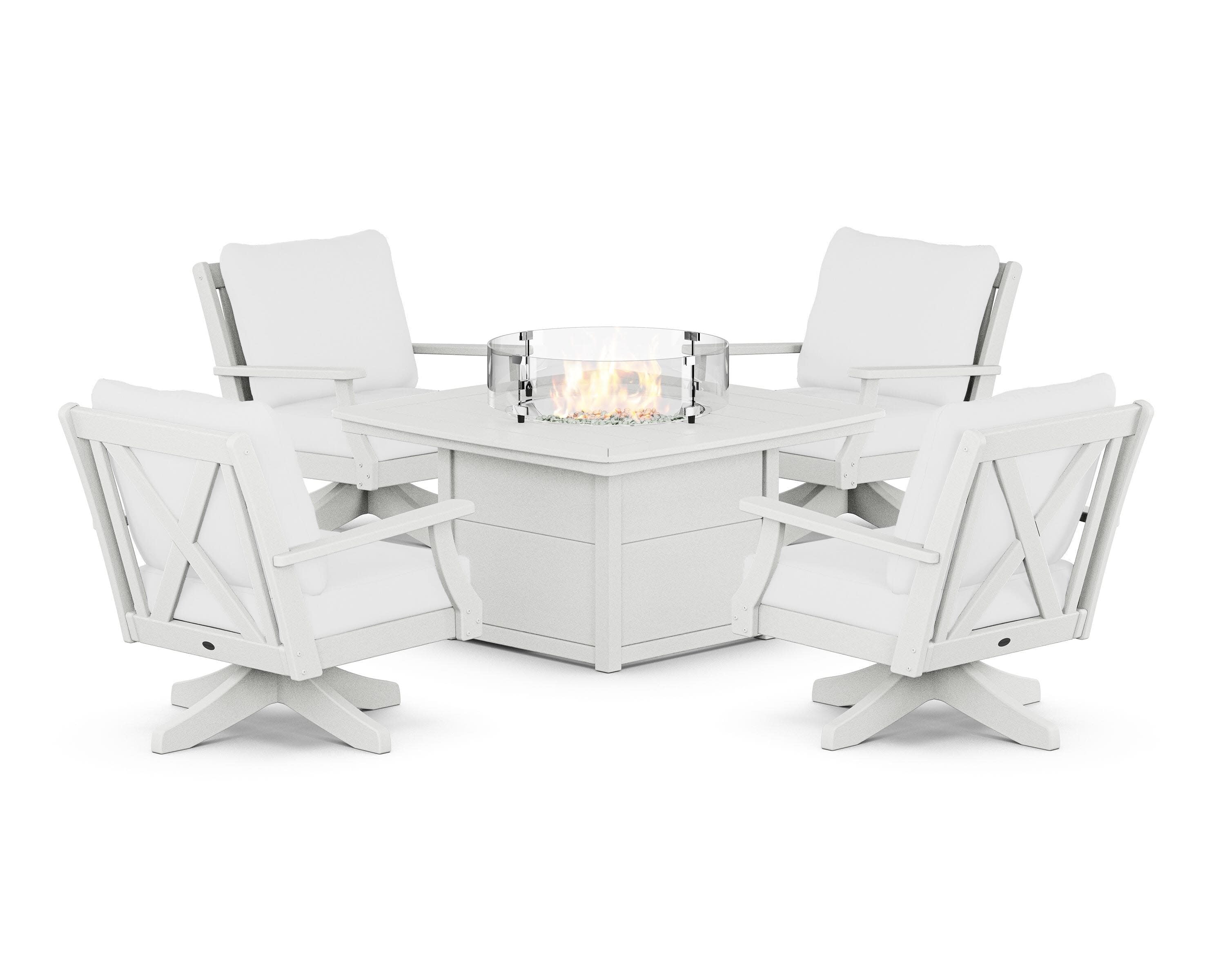 Braxton 5-Piece Deep Seating Swivel Conversation Set with Fire Pit Table in Vintage White / Natural
