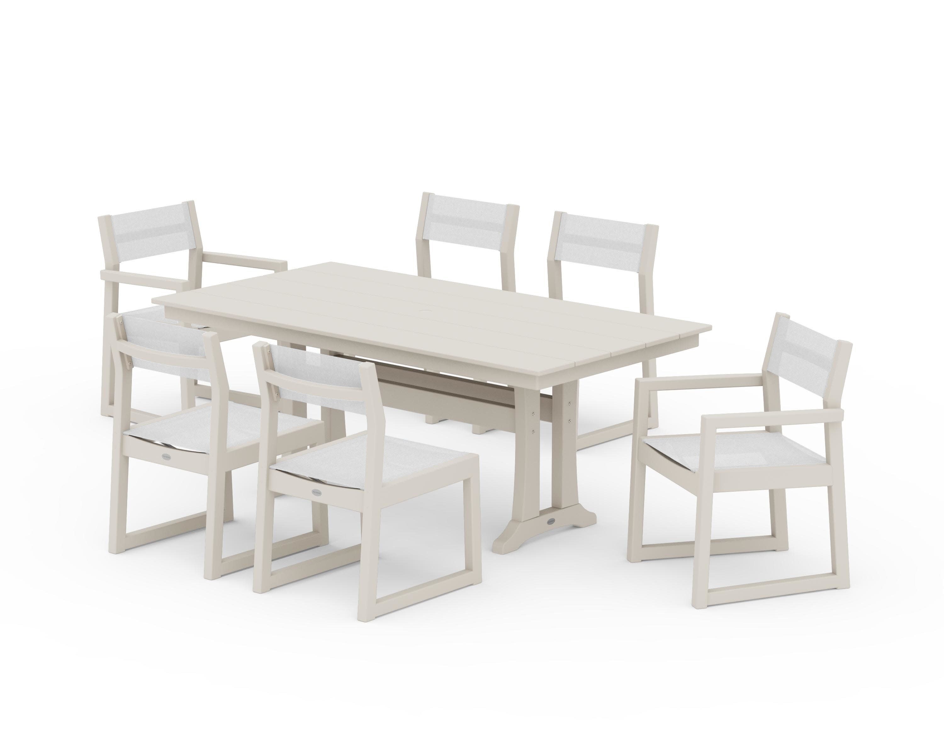 EDGE Sling 7-Piece Farmhouse Trestle Dining Set in Sand / White Sling