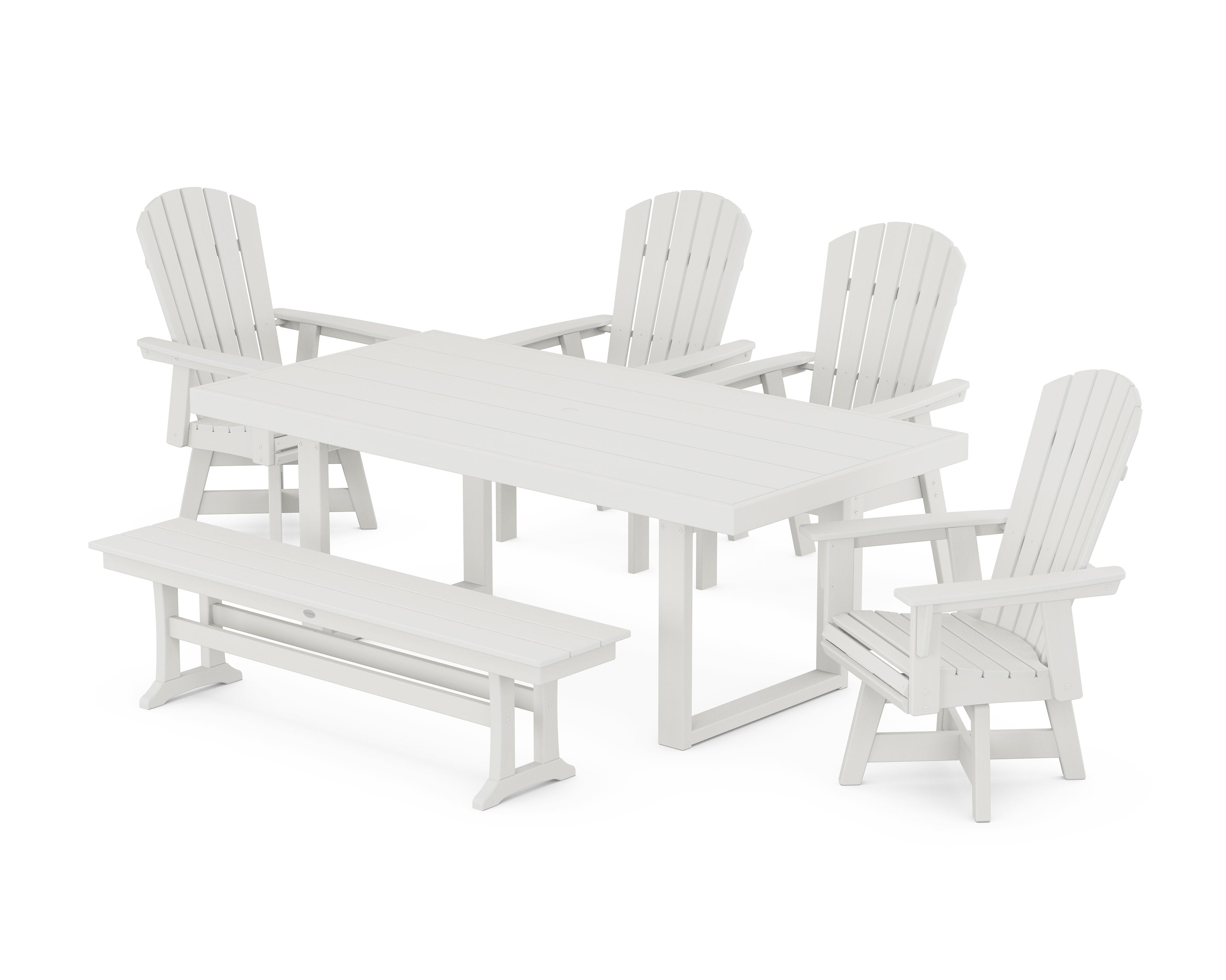 Nautical Curveback Adirondack Swivel Chair 6-Piece Dining Set with Bench in Vintage White