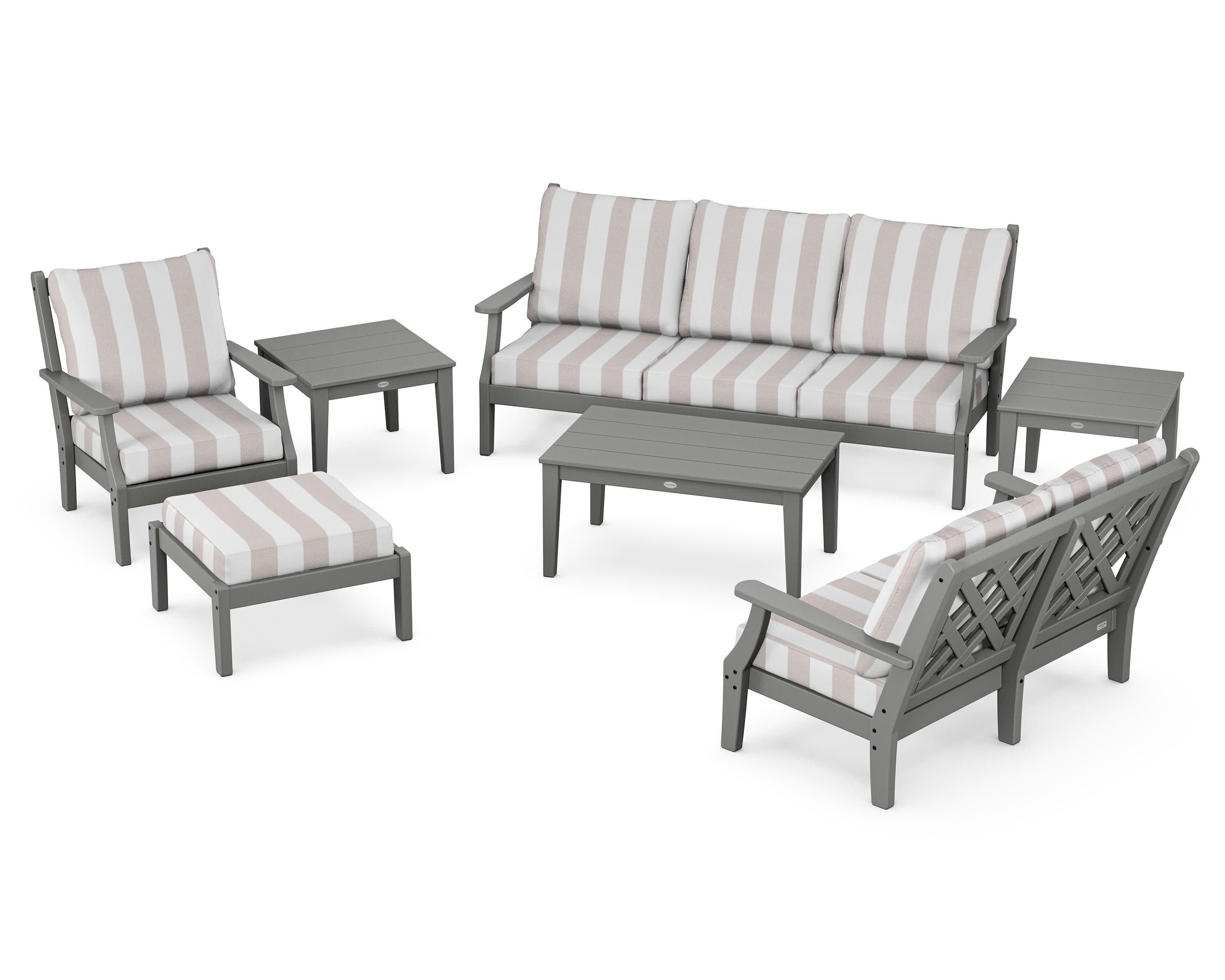 Wovendale 7-Piece Deep Seating Set in Slate Grey / Cabana Stripe Dune Burlap