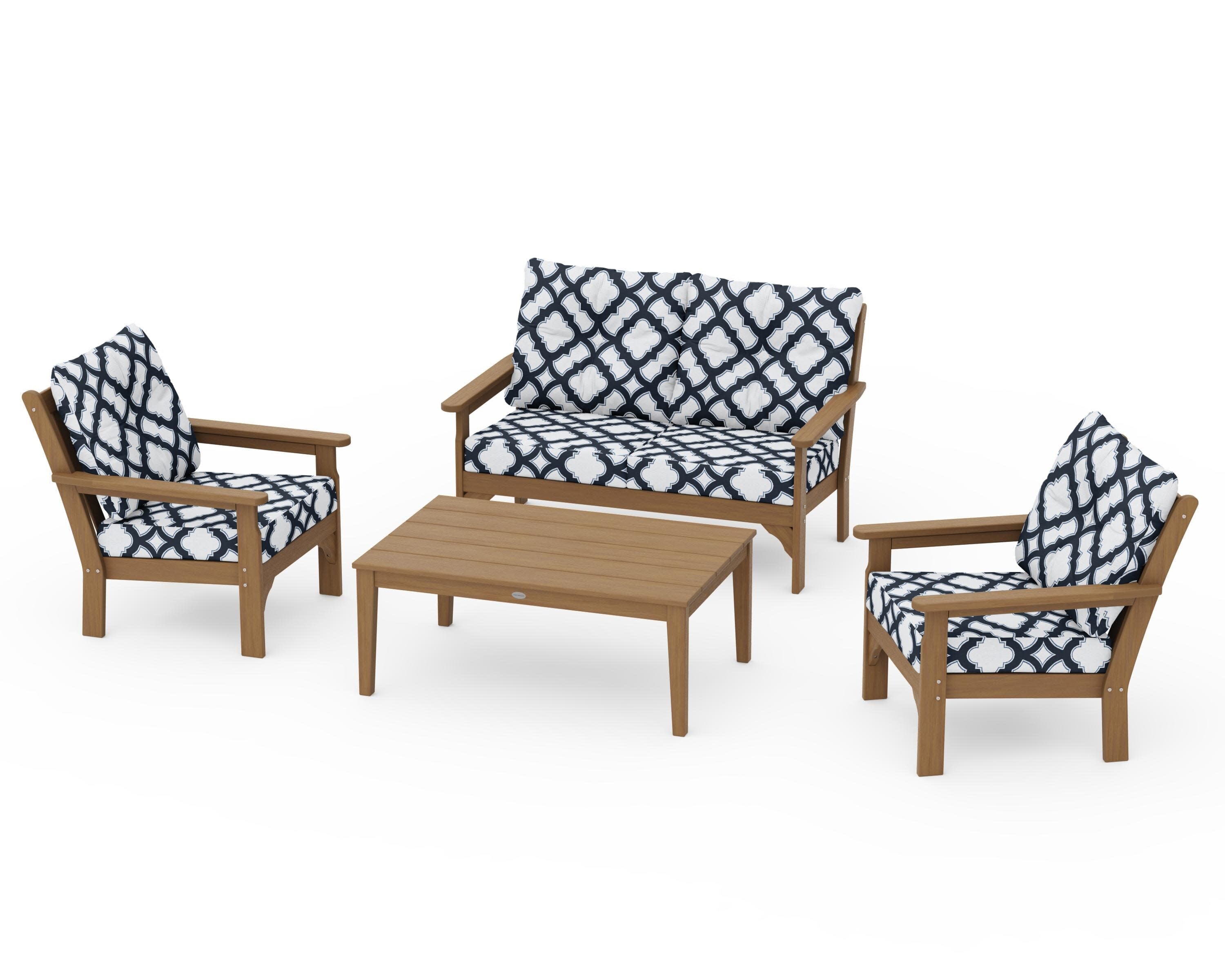 Vineyard 4-Piece Deep Seating Set in Natural / Trellis Marine Indigo