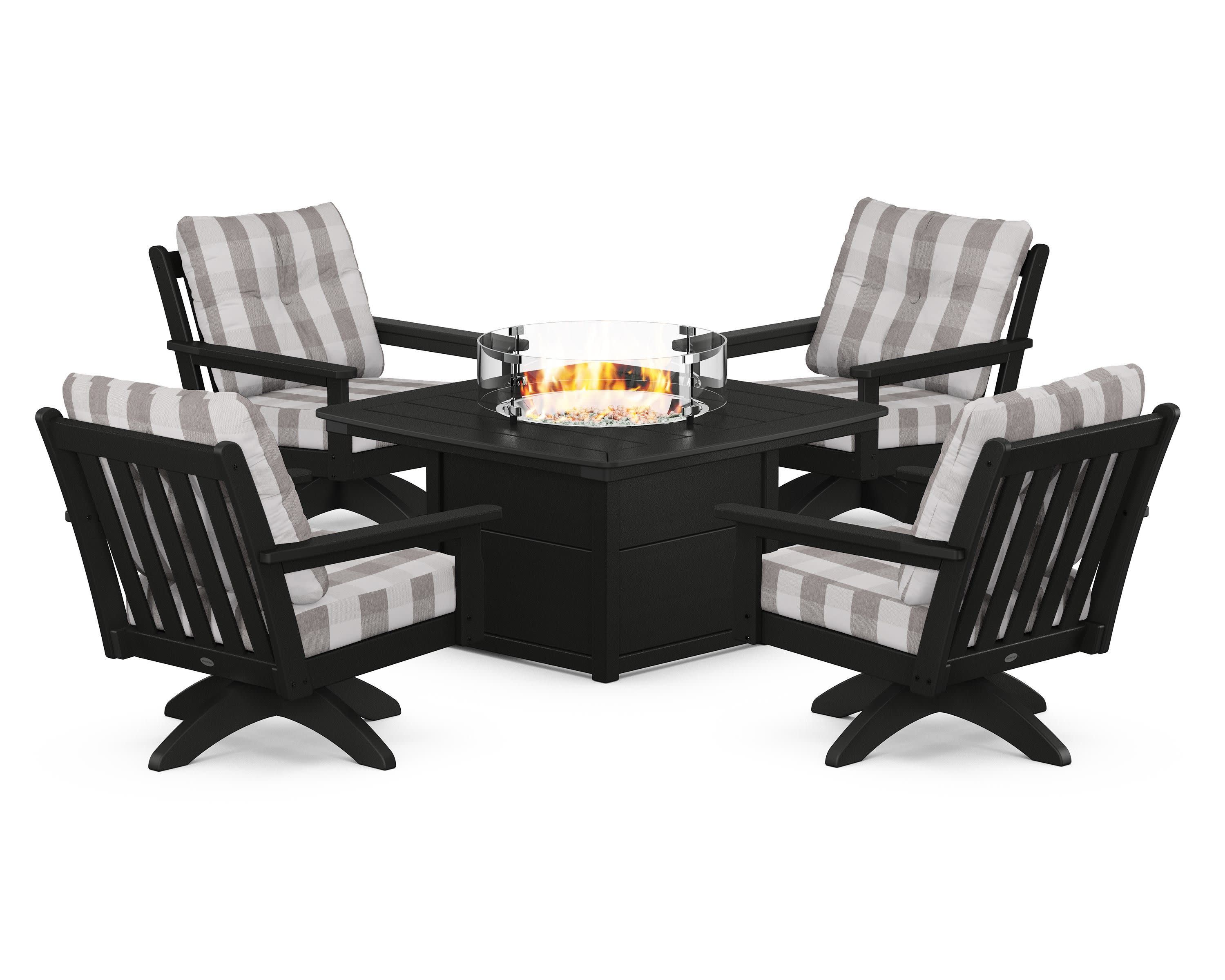 Vineyard 5-Piece Deep Seating Swivel Conversation Set with Fire Pit Table in Black / Buffalo Plaid Grey Mist