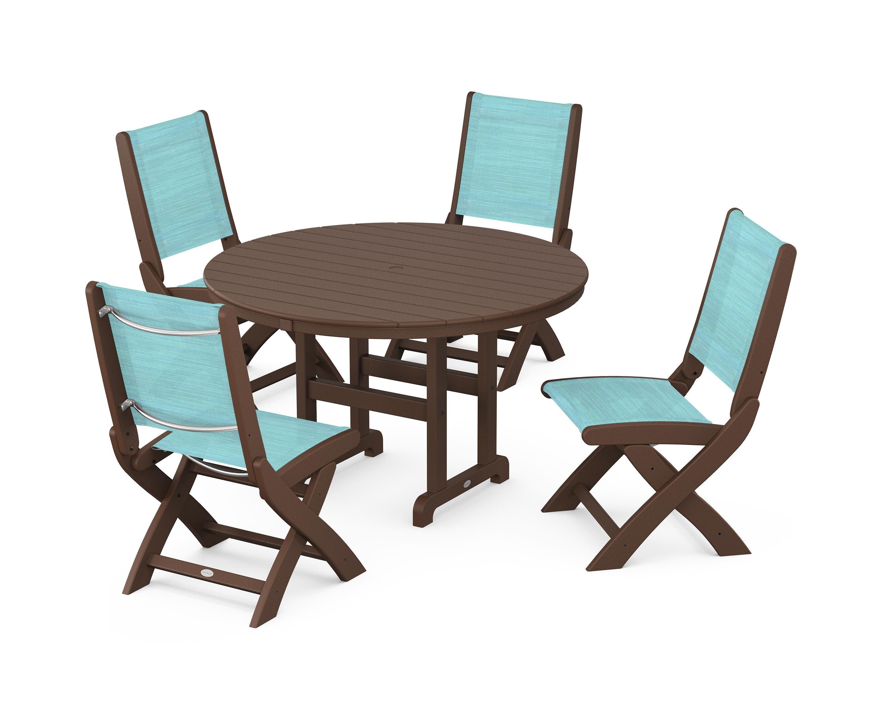 Coastal Folding Side Chair 5-Piece Round Dining Set in Mahogany / Dupioni Aquamarine Sling