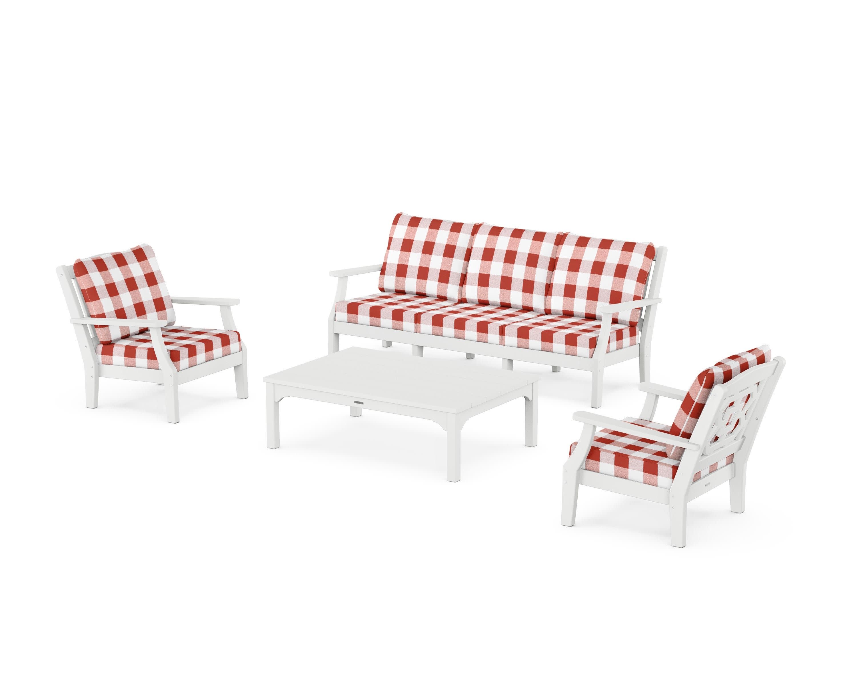 Chinoiserie 4-Piece Deep Seating Set with Sofa in White / Buffalo Plaid Crimson