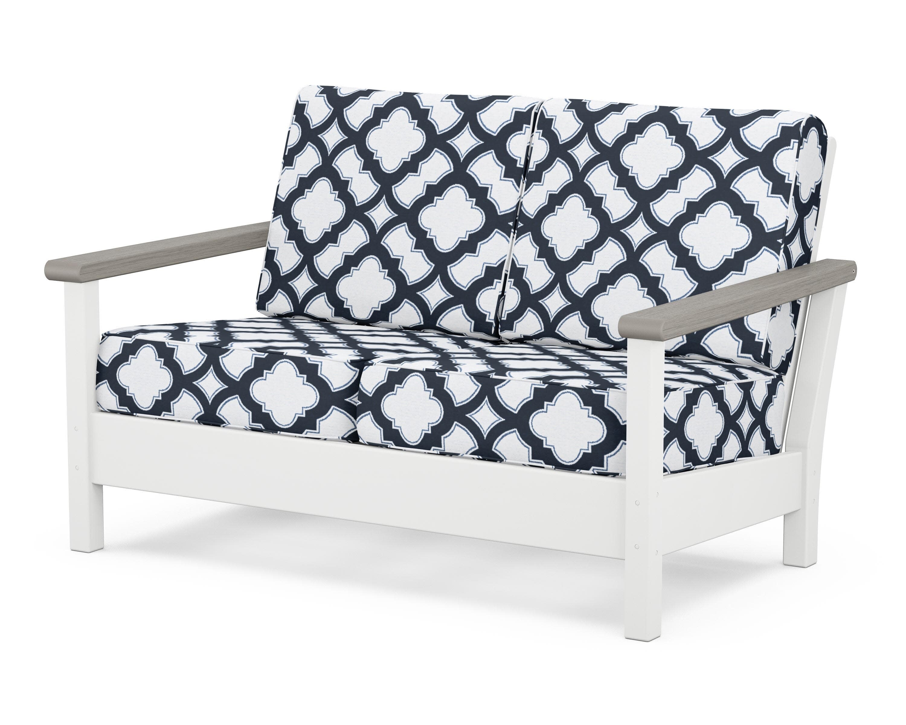 Harbour Deep Seating Loveseat in White / Driftwood / Trellis Marine Indigo
