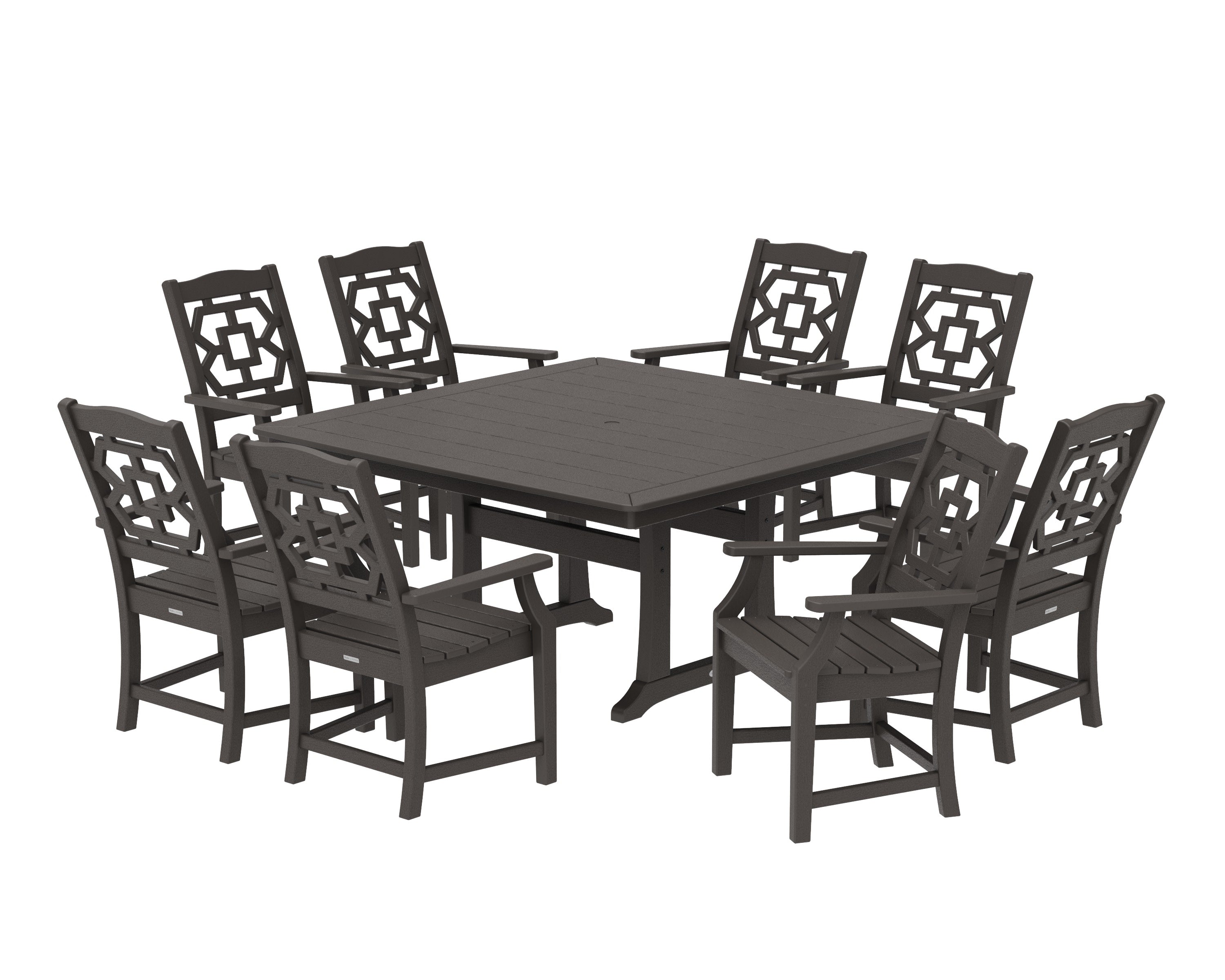 Chinoiserie 9-Piece Square Dining Set with Trestle Legs in Vintage Coffee