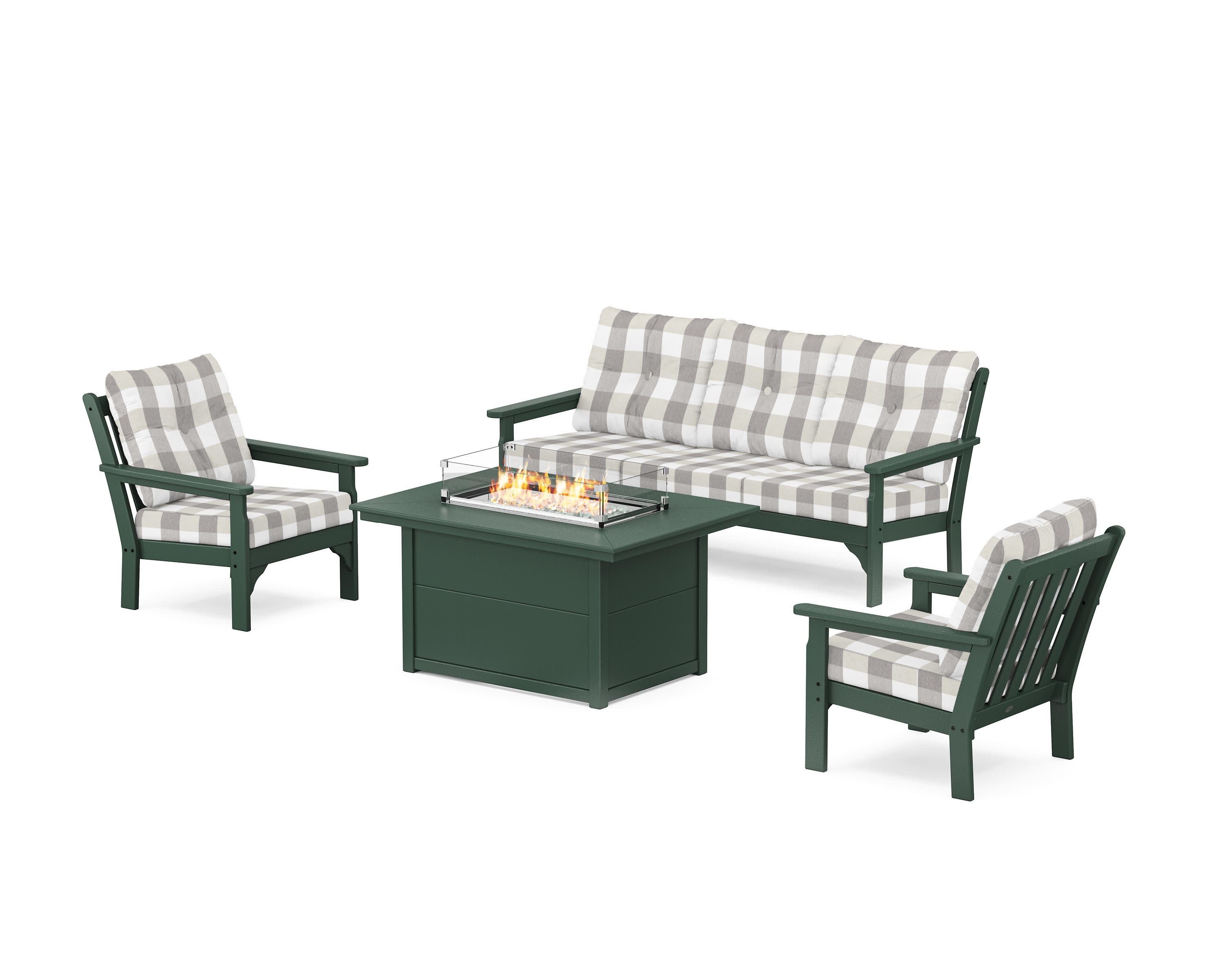 Vineyard Deep Seating Fire Pit Table Set in Green / Buffalo Plaid Grey Mist