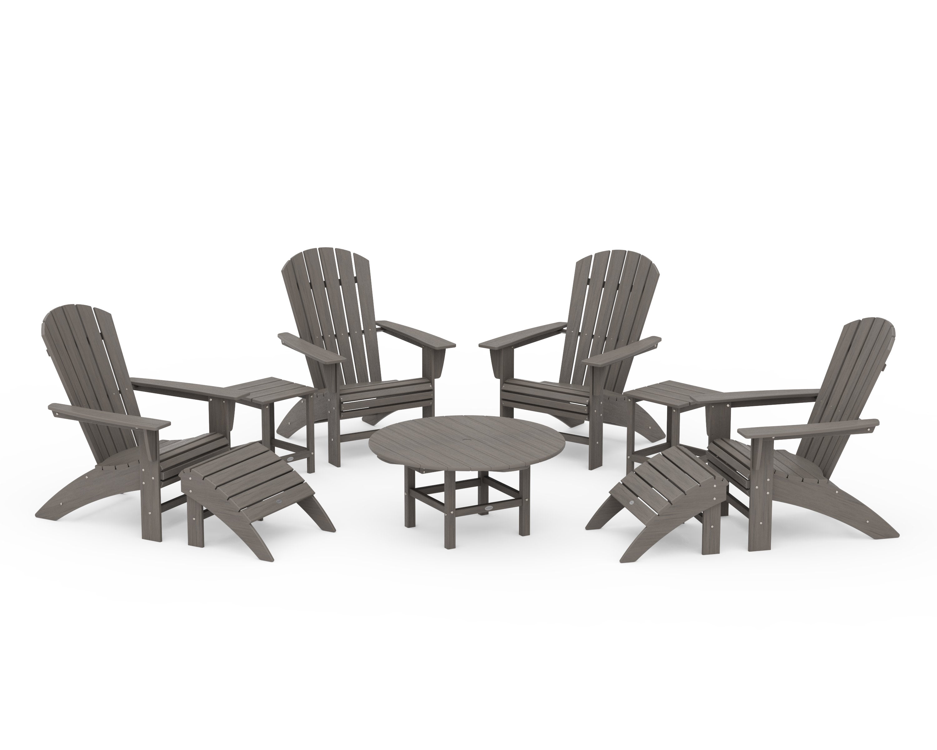 Nautical Curveback Adirondack Chair 9-Piece Conversation Set in Driftwood