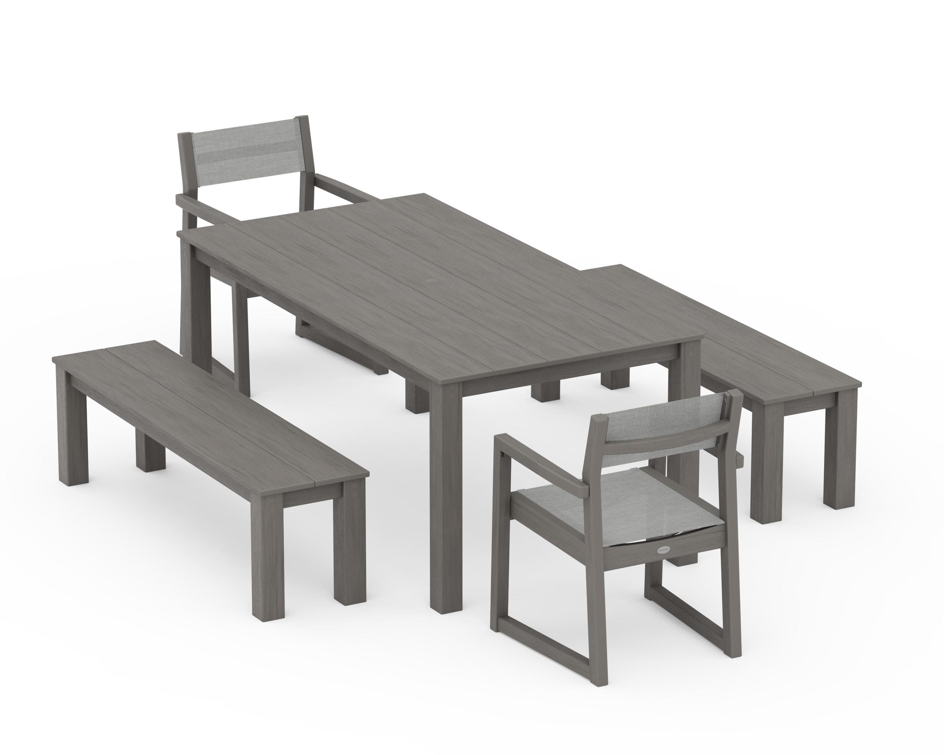 EDGE Sling Arm Chair 5-Piece Parsons Dining Set with Benches in Driftwood / Metallic Sling