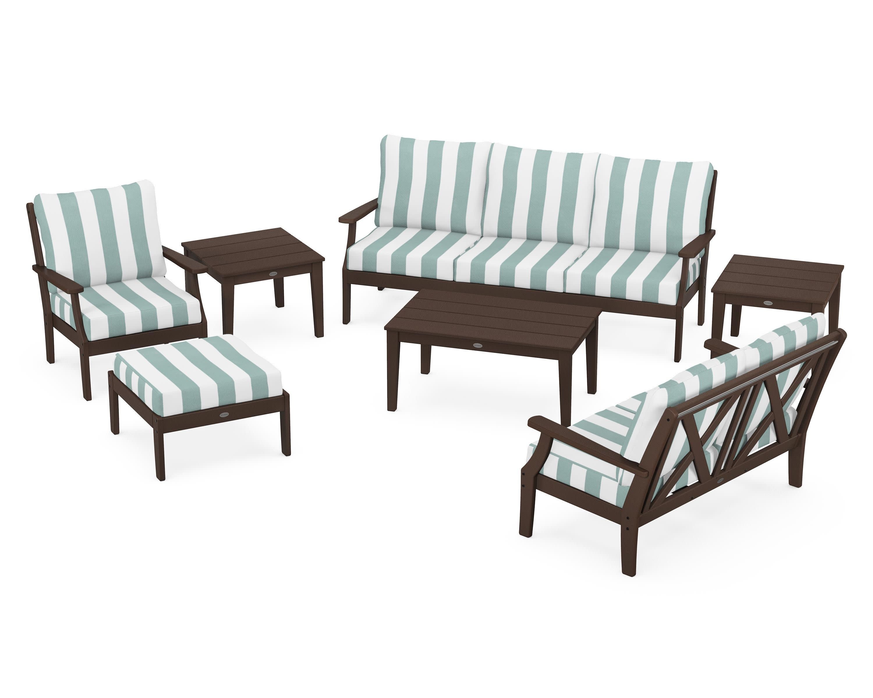 Braxton 7-Piece Deep Seating Set in Mahogany / Cabana Stripe Glacier Spa
