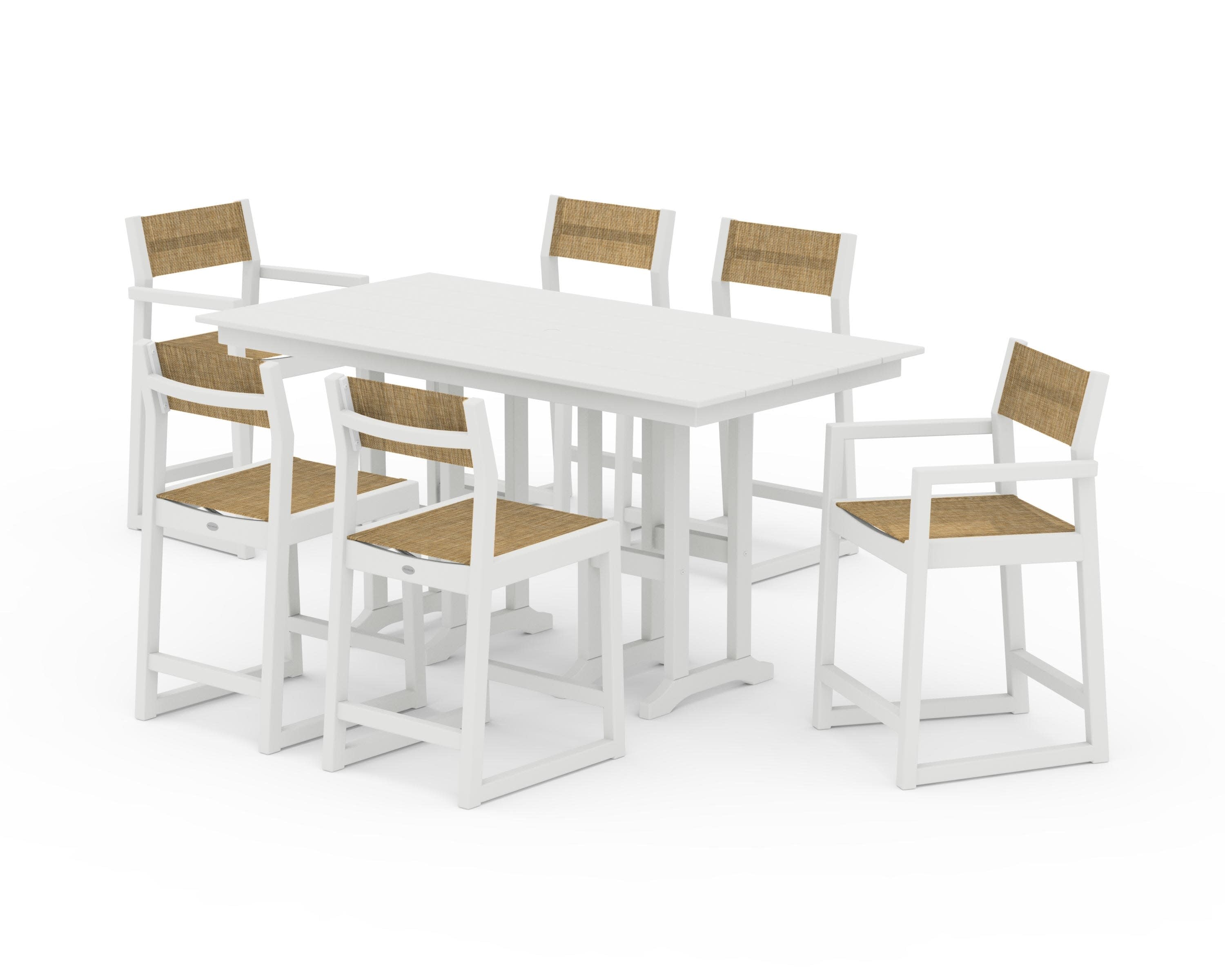 EDGE Sling 7-Piece Farmhouse Counter Set with Trestle Legs in Vintage White / Burlap Sling