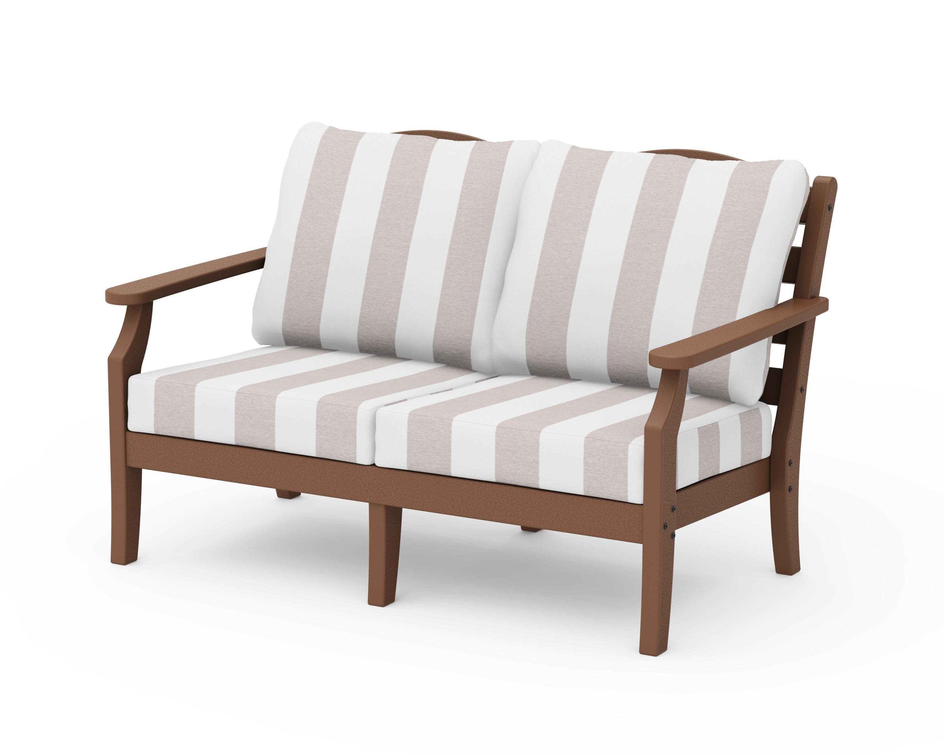 Savannah Deep Seating Loveseat in Teak / Cabana Stripe Dune Burlap
