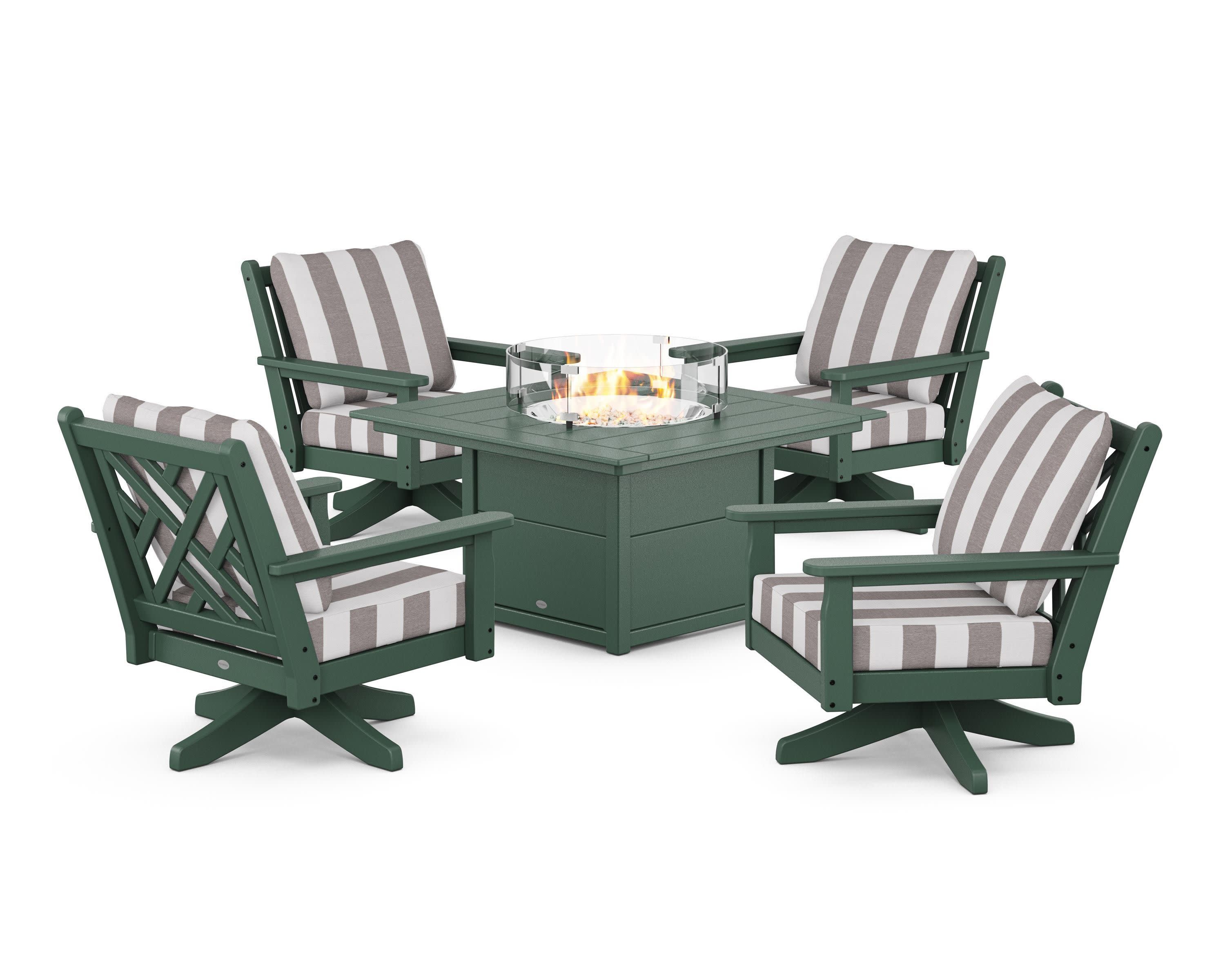 Chippendale 5-Piece Deep Seating Swivel Conversation Set with Fire Pit Table in Green / Cabana Stripe Grey Mist