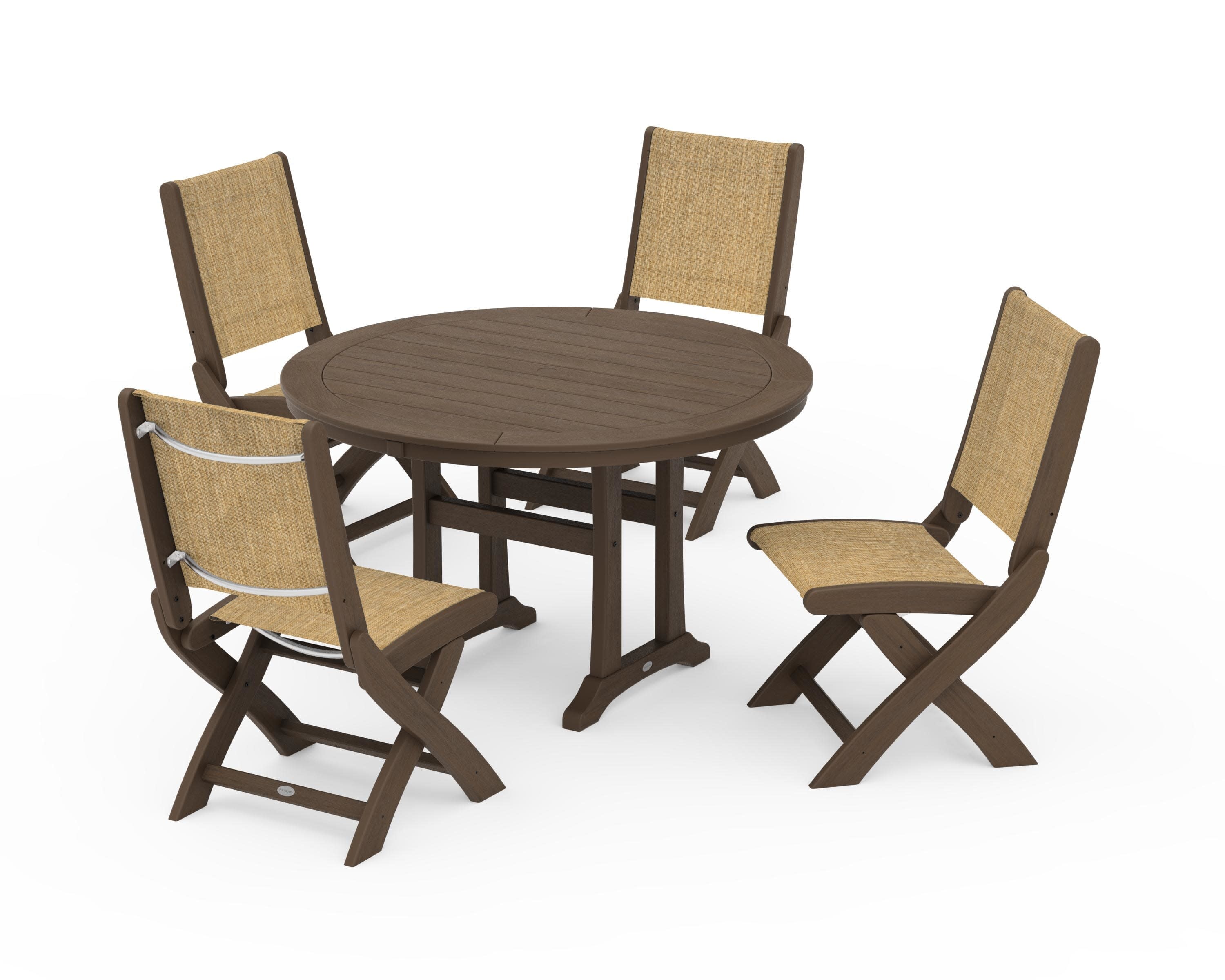 Coastal Folding Side Chair 5-Piece Round Dining Set With Trestle Legs in Kona / Burlap Sling