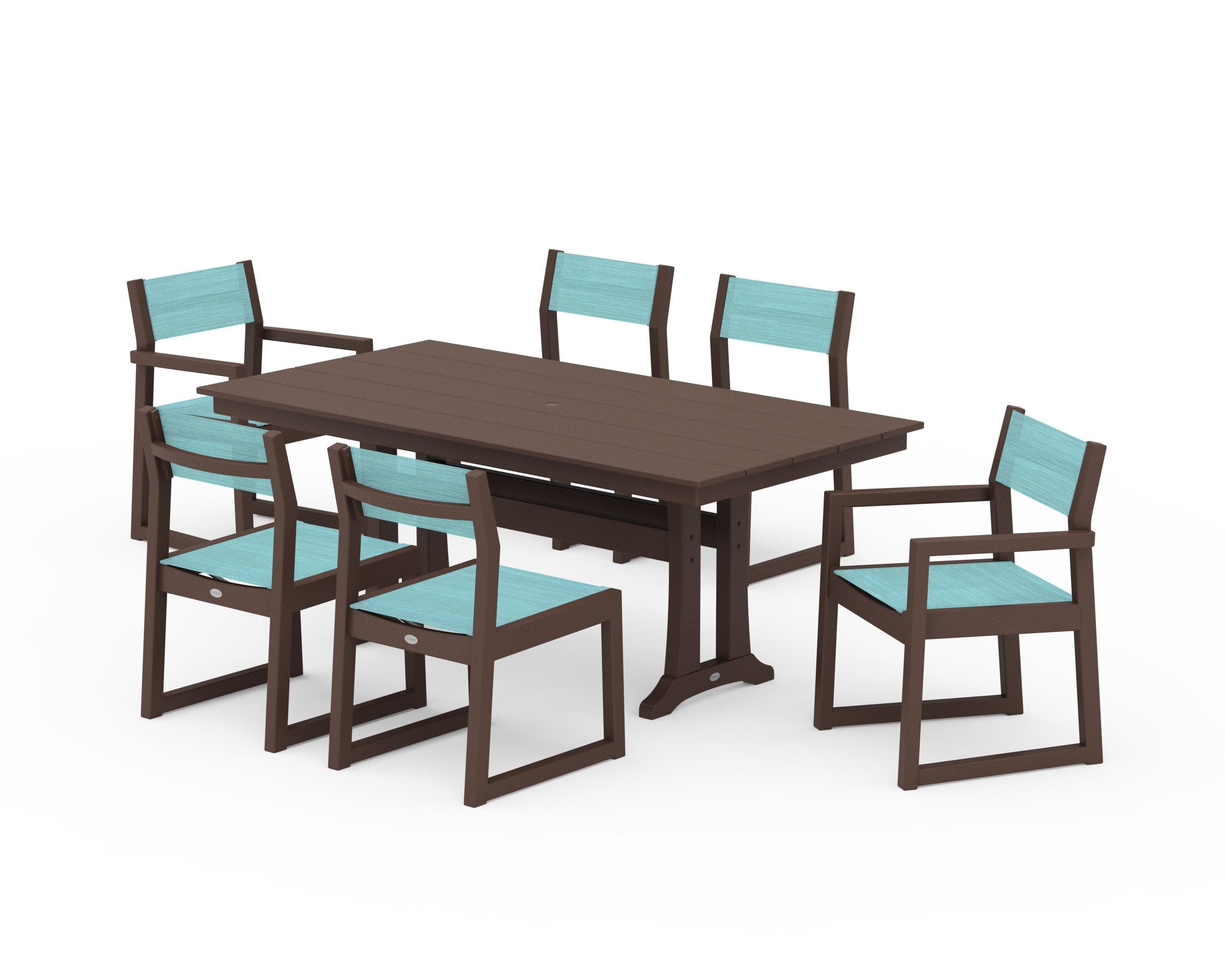 EDGE Sling 7-Piece Farmhouse Trestle Dining Set in Mahogany / Dupioni Aquamarine Sling
