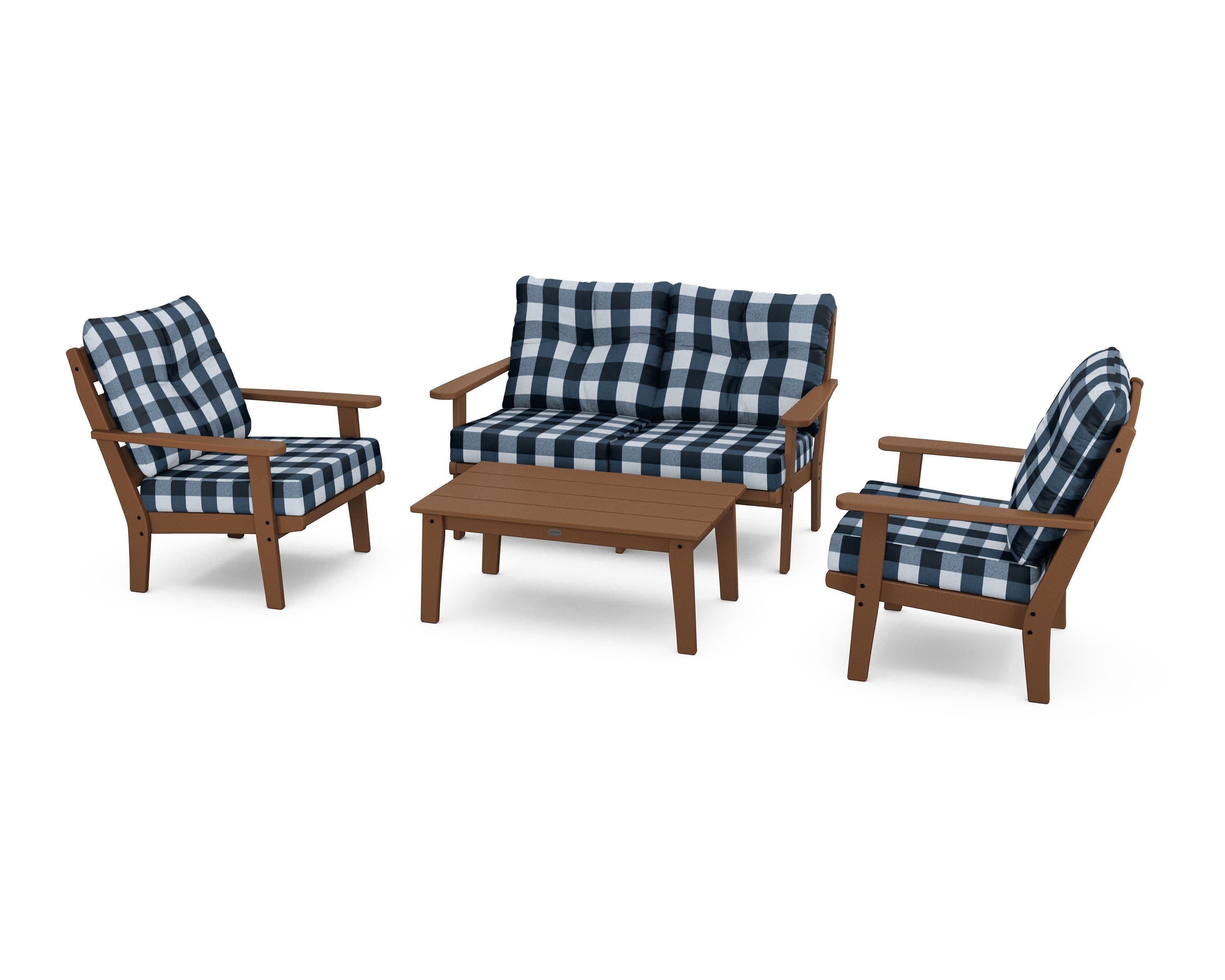 Lakeside 4-Piece Deep Seating Set in Teak / Buffalo Plaid Marine Indigo