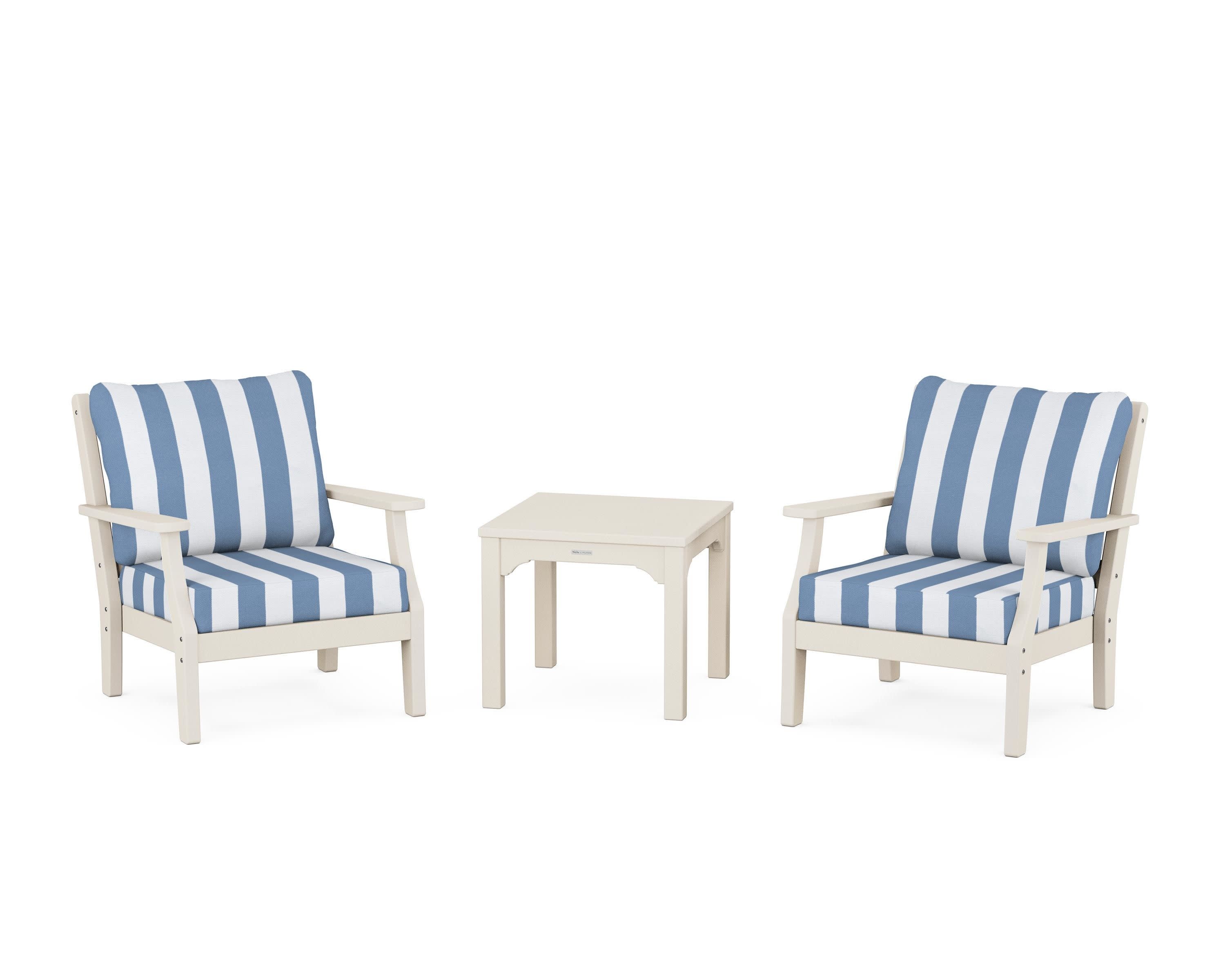 Chinoiserie 3-Piece Deep Seating Set in Sand / Cabana Stripe Sky Blue