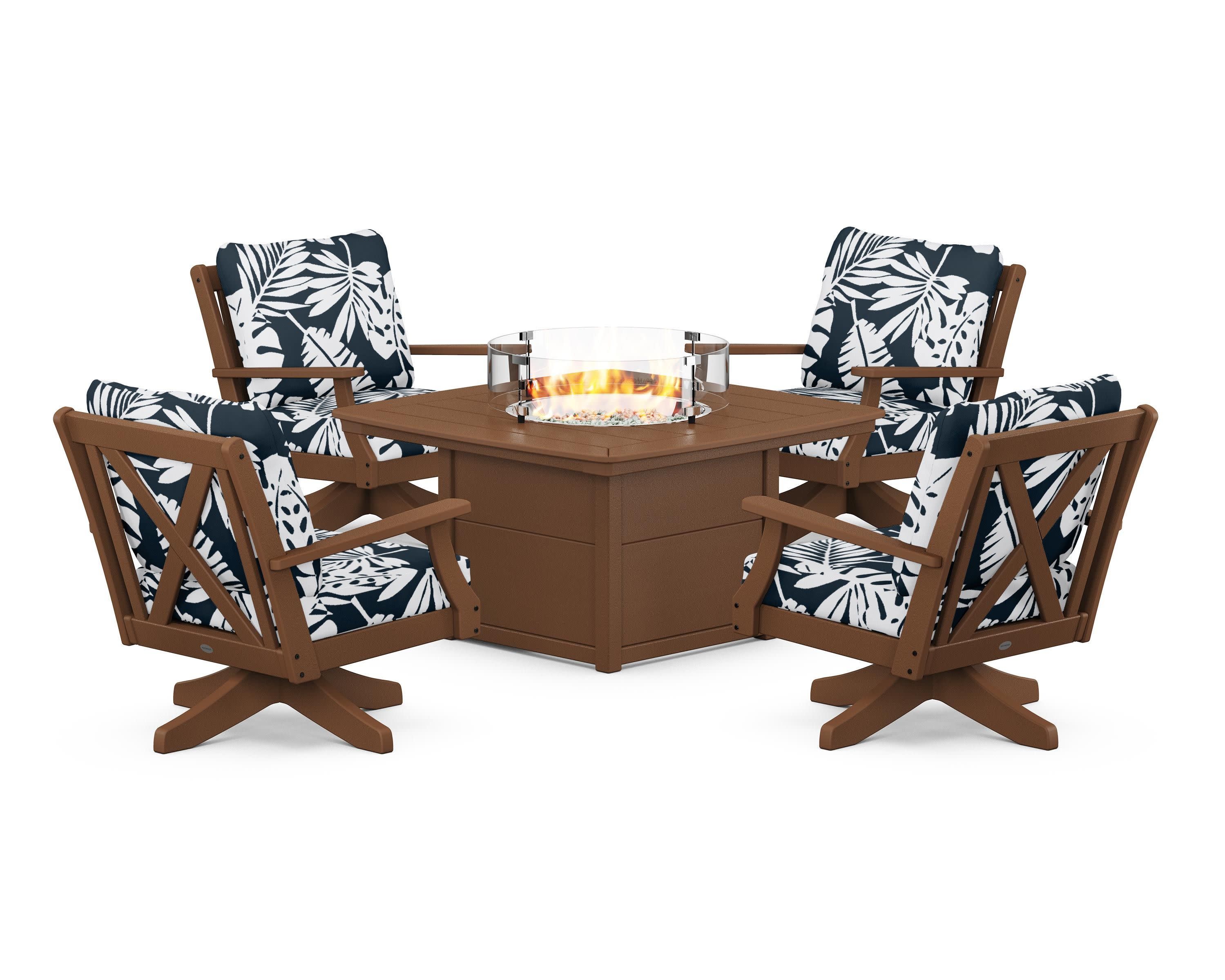 Braxton 5-Piece Deep Seating Swivel Conversation Set with Fire Pit Table in Teak / Leaf Marine Indigo