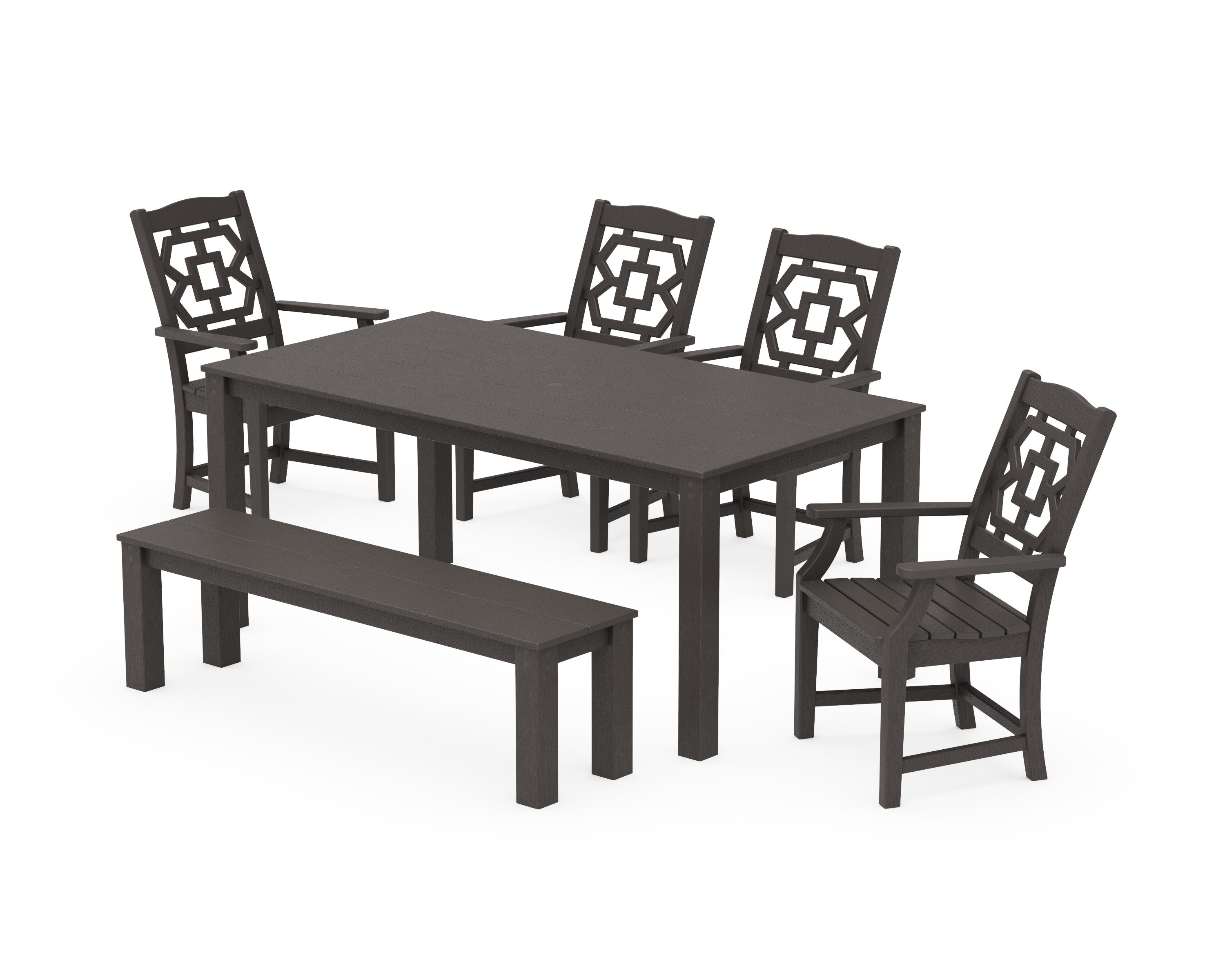 Chinoiserie 6-Piece Parsons Dining Set with Bench in Vintage Coffee