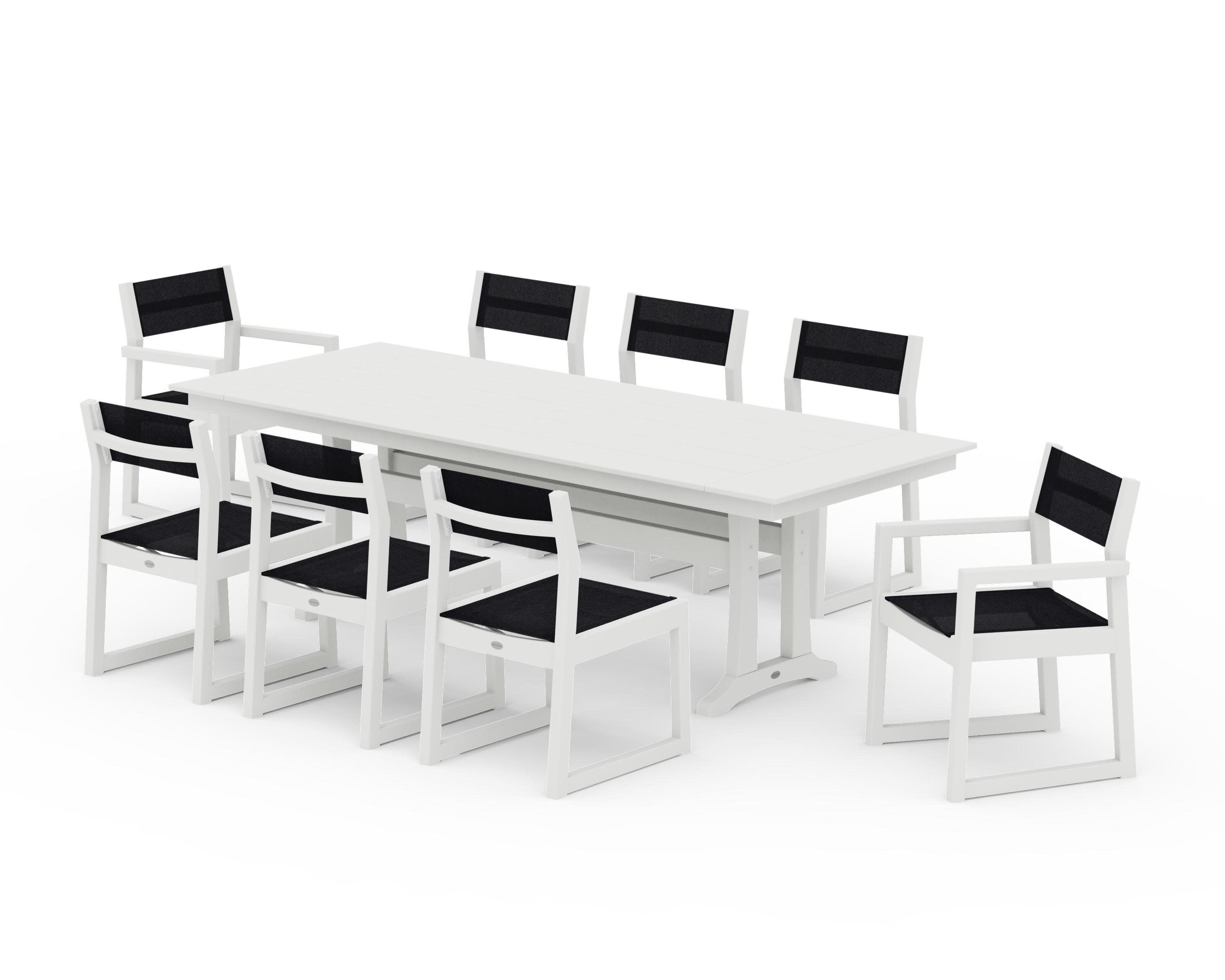 EDGE Sling 9-Piece Farmhouse Trestle Dining Set in Vintage White / Black Sling