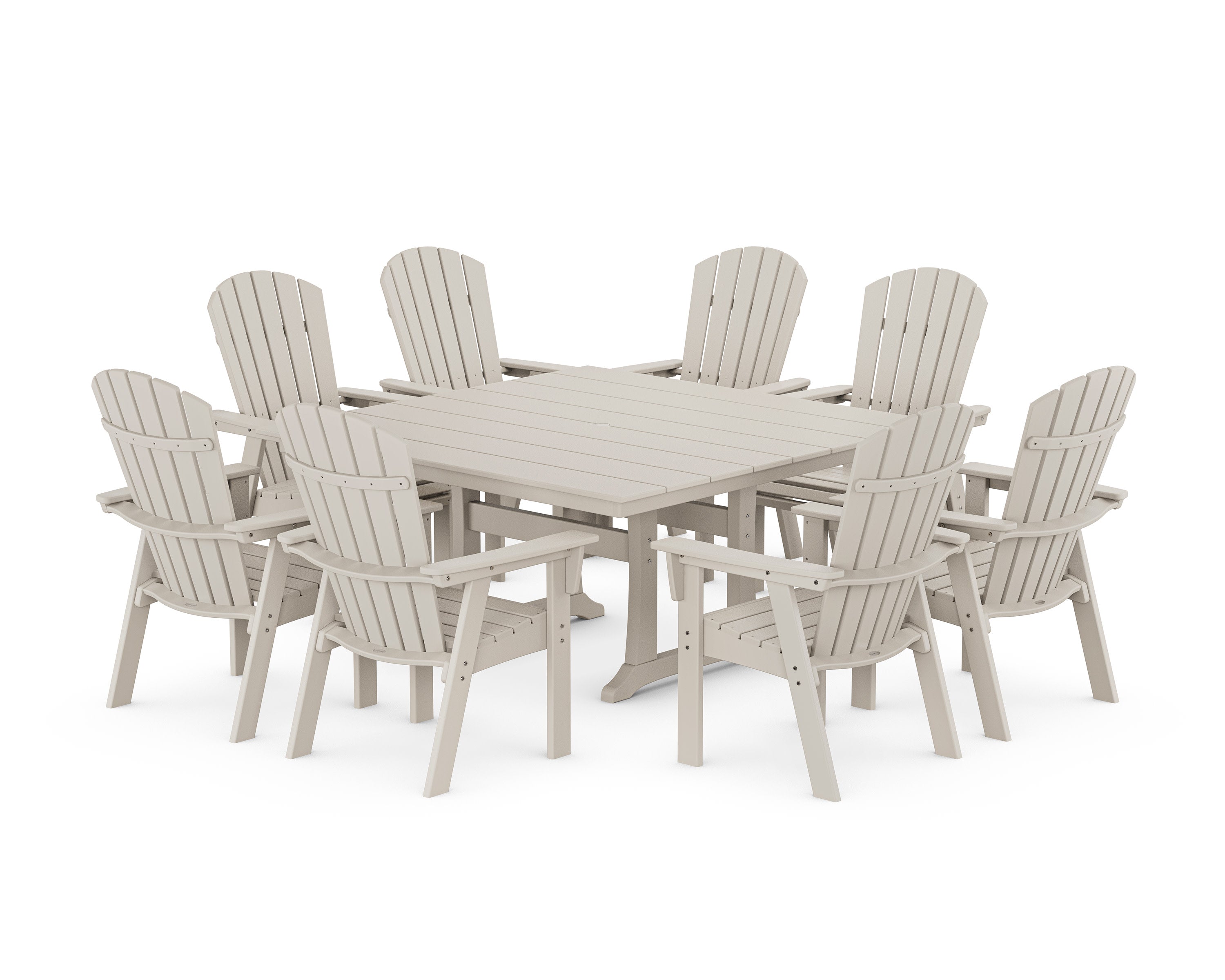 Nautical Curveback Adirondack 9-Piece Square Dining Set with Trestle Legs in Sand