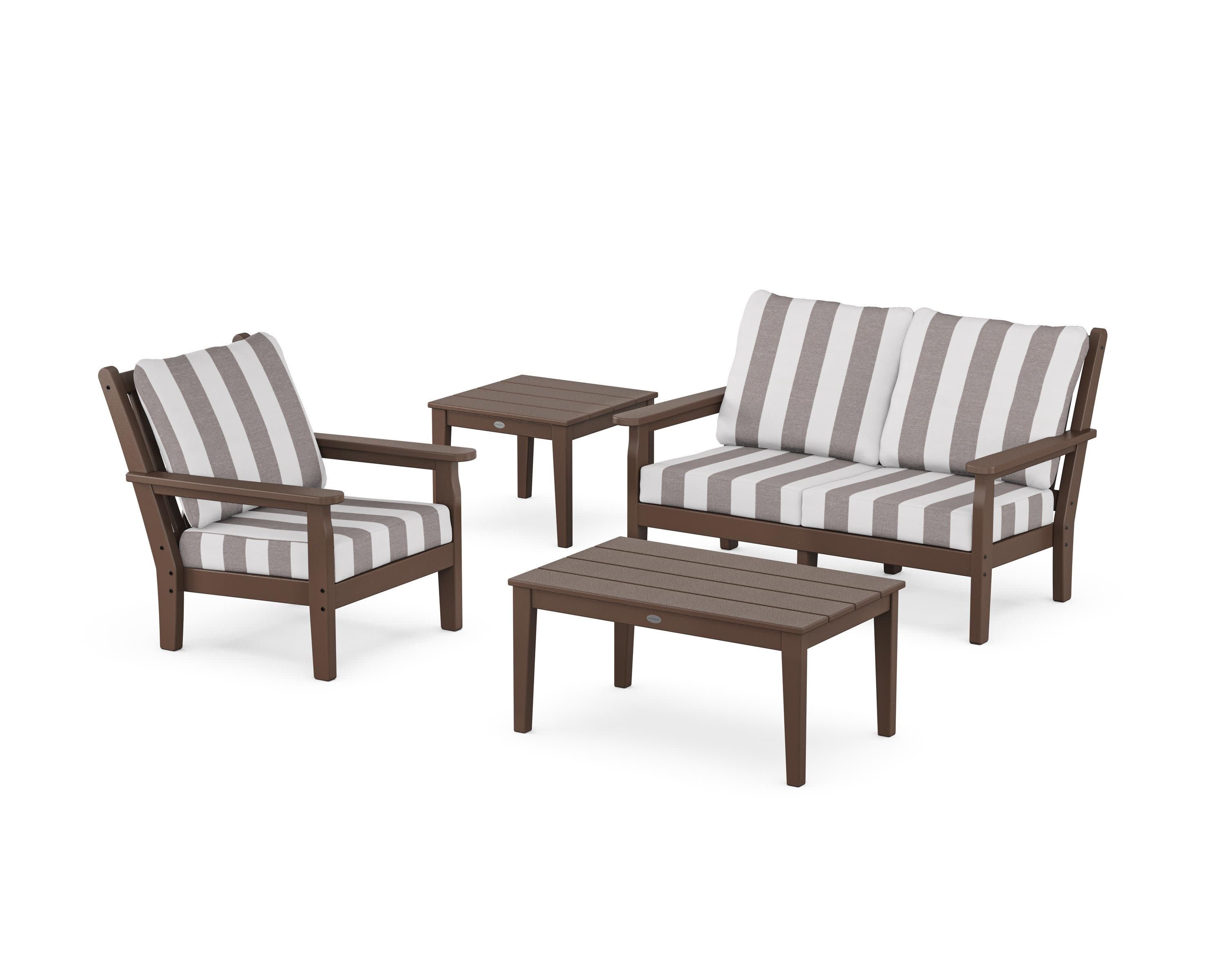 Chippendale 4-Piece Deep Seating Set in Mahogany / Cabana Stripe Grey Mist