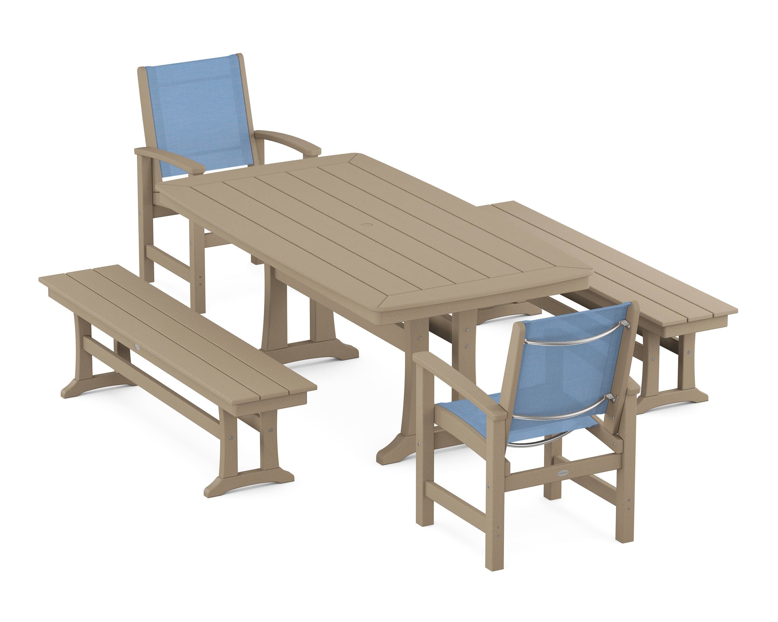Coastal 5-Piece Dining Set with Trestle Legs and Benches in Vintage Sahara / Poolside Sling