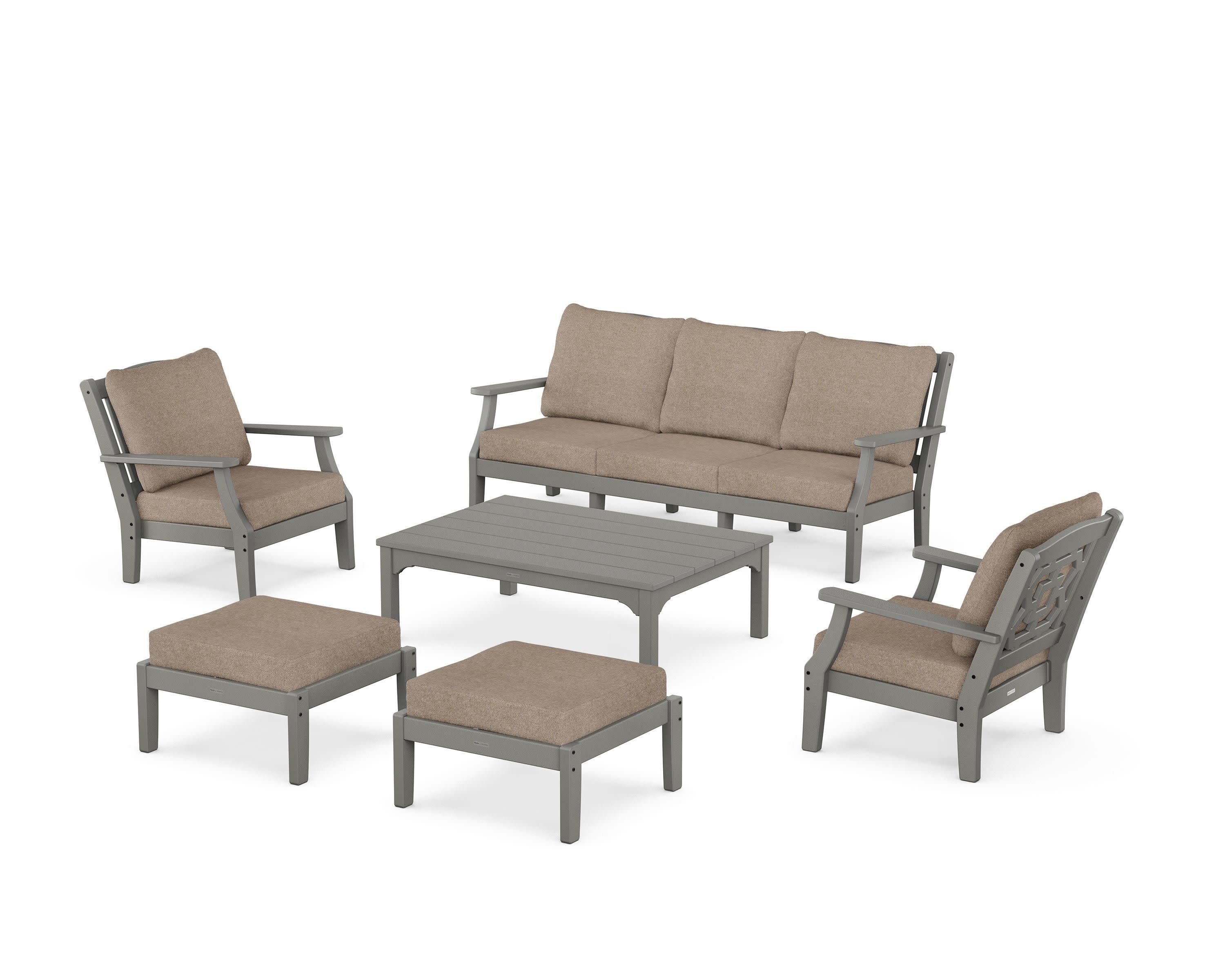 Chinoiserie 6-Piece Lounge Sofa Set in Slate Grey / Spiced Burlap