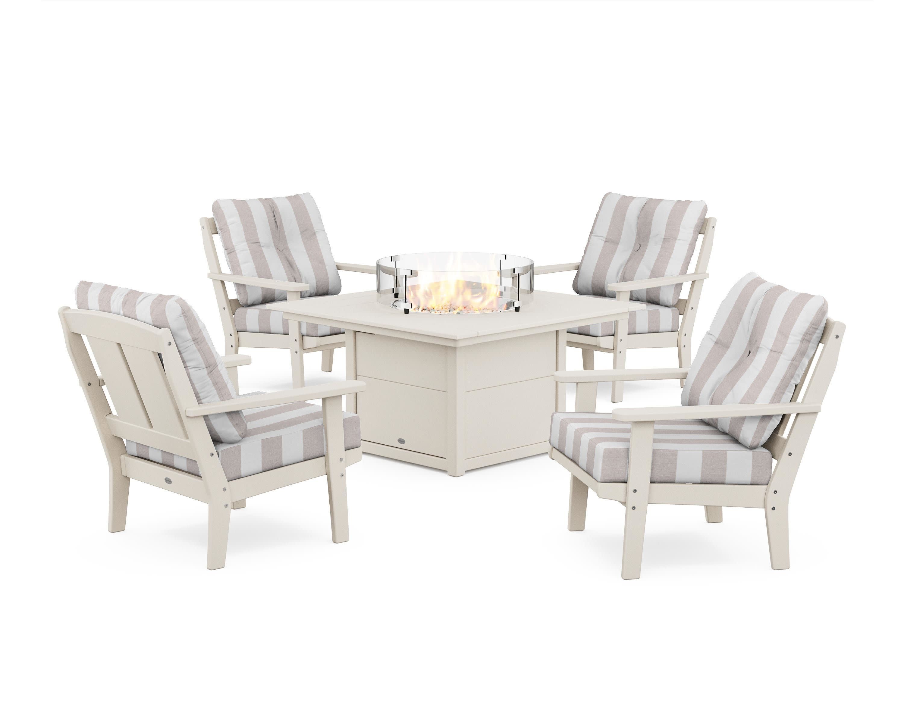 Mission 5-Piece Deep Seating Set with Fire Pit Table in Sand / Cabana Stripe Dune Burlap