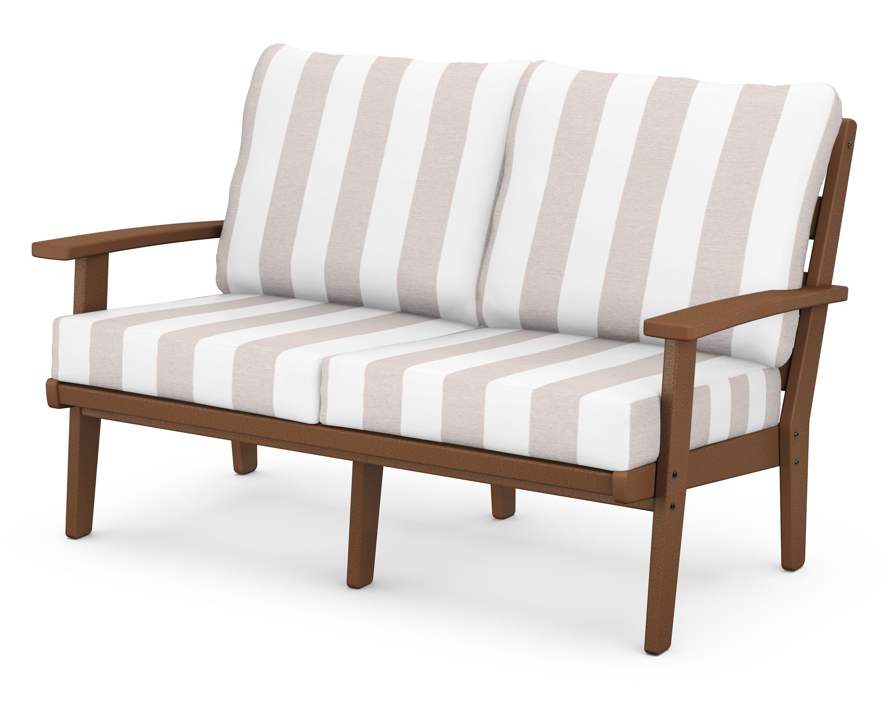 Grant Park Deep Seating Loveseat in Teak / Cabana Stripe Dune Burlap