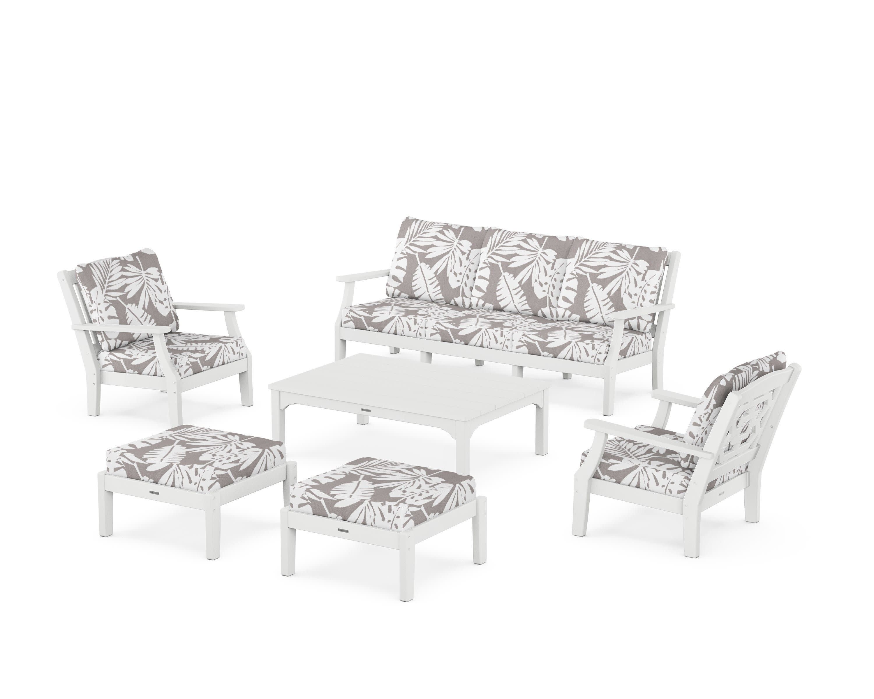 Chinoiserie 6-Piece Lounge Sofa Set in White / Leaf Grey Mist
