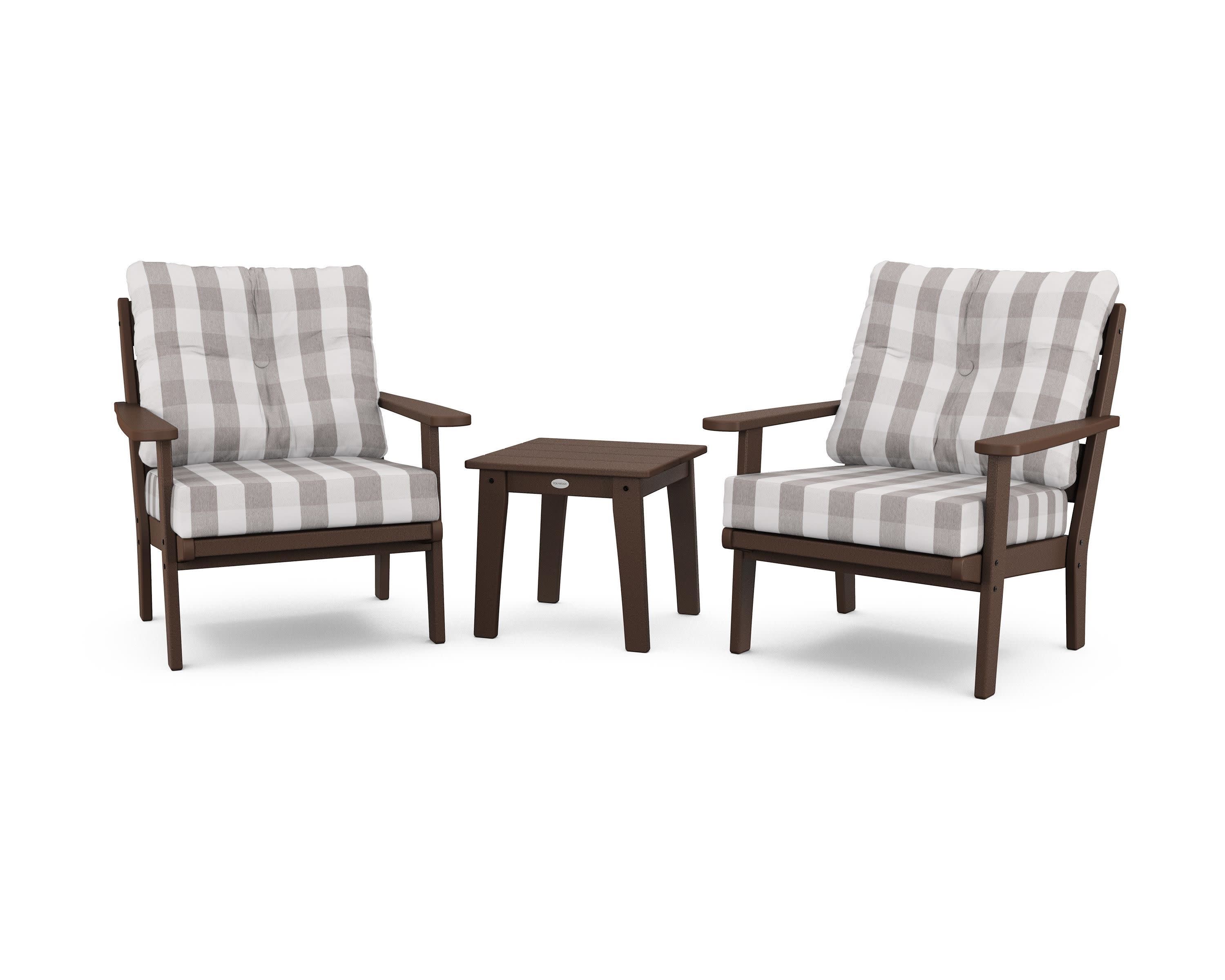 Lakeside 3-Piece Deep Seating Chair Set in Mahogany / Buffalo Plaid Grey Mist