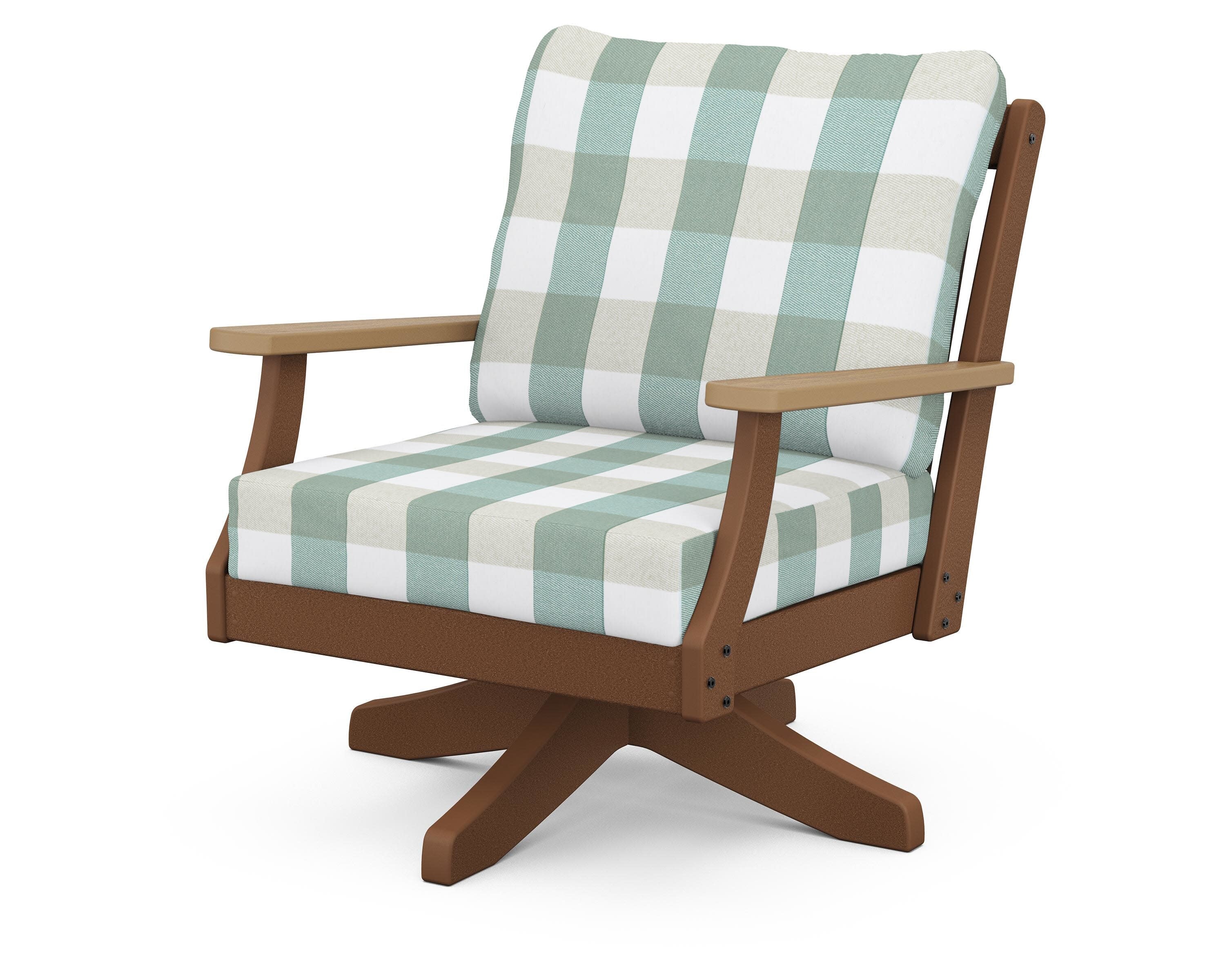 Braxton Deep Seating Swivel Chair in Teak / Natural / Buffalo Plaid Glacier Spa
